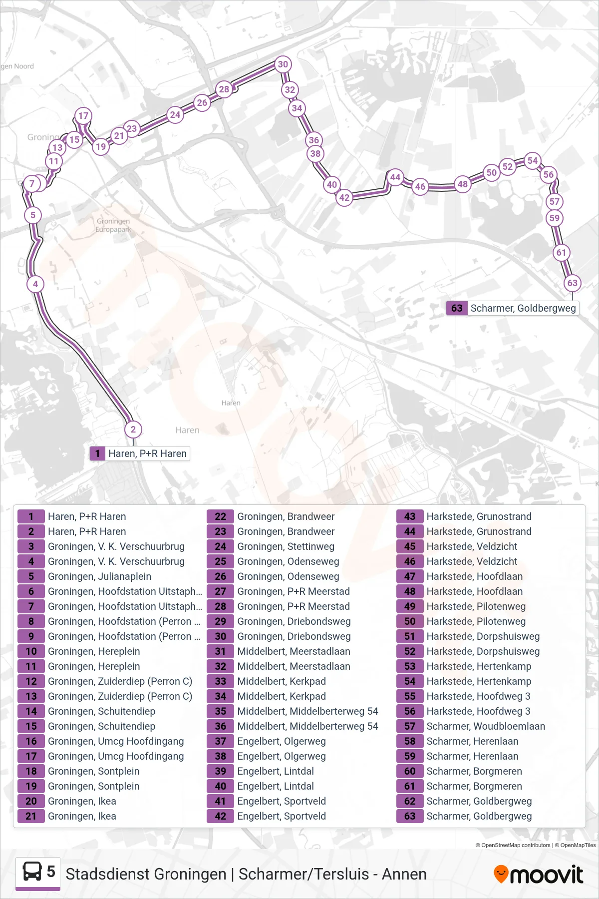 Lijn 5 (bus, Harkstede): route en haltes op de kaart