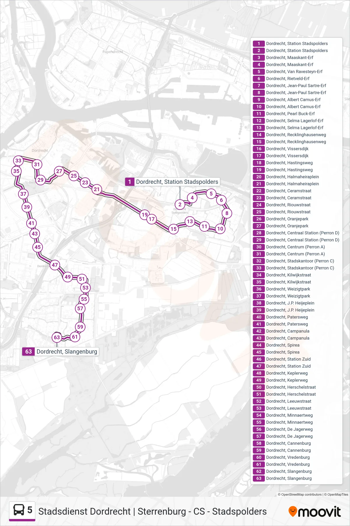 Lijn 5 (bus, Sterrenburg): route en haltes op de kaart