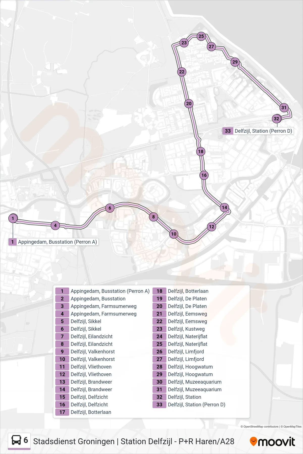 Lijn 6 (bus, Delfzijl): route en haltes op de kaart