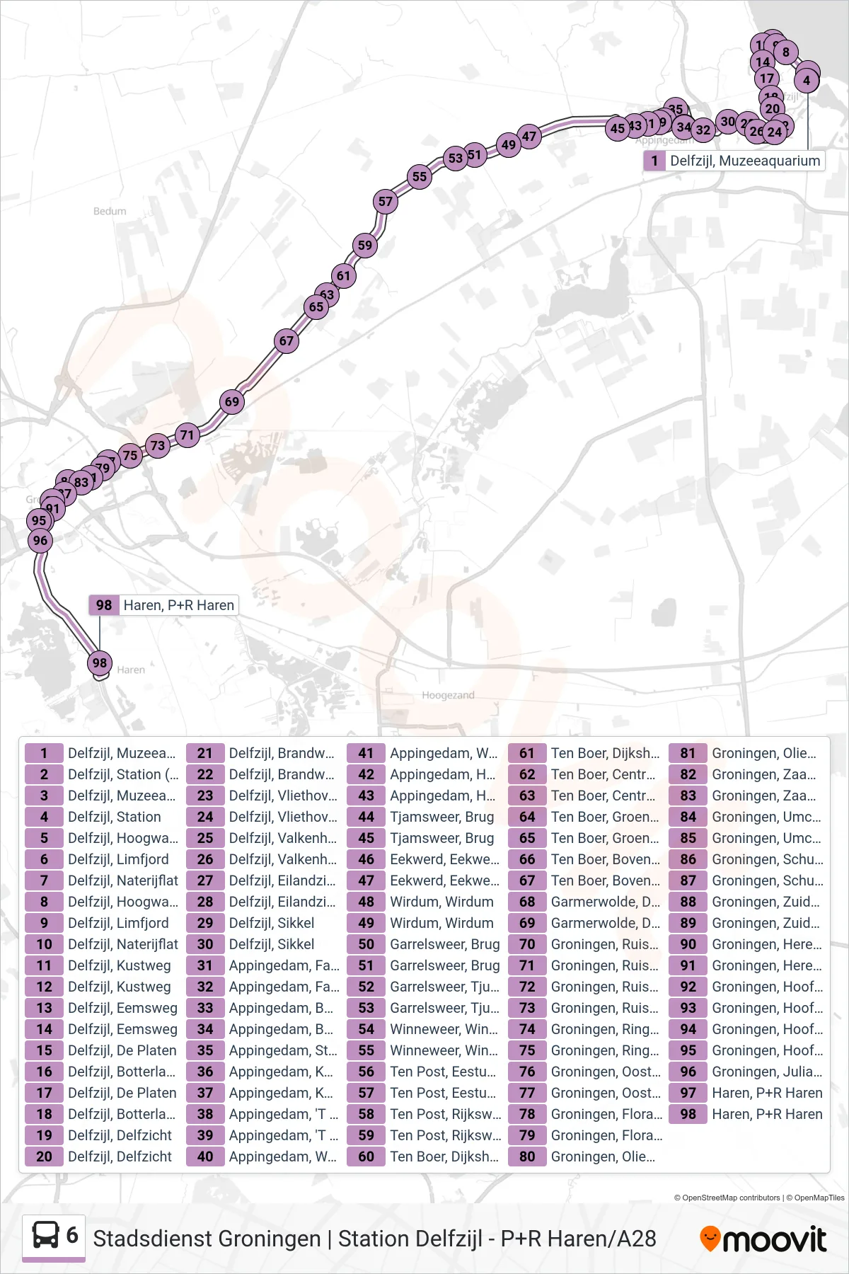 Lijn 6 (bus, Groningen): route en haltes op de kaart