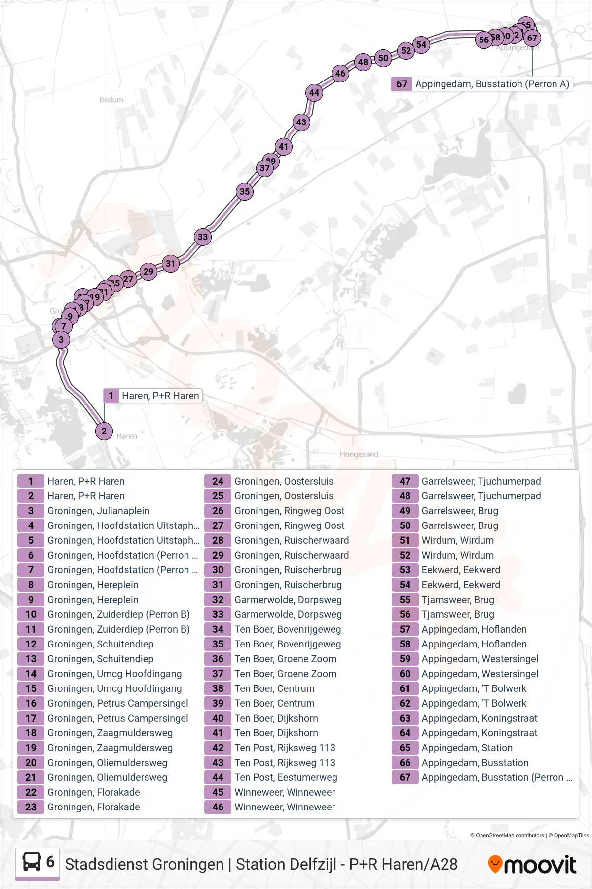 Linie 6 (Bus) Richtung Appingedam: Route und Haltestellen auf der Karte