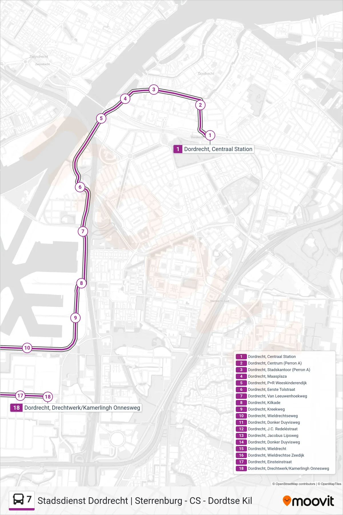 Lijn 7 (bus, Dordtse Kil Drechtwerk): route en haltes op de kaart