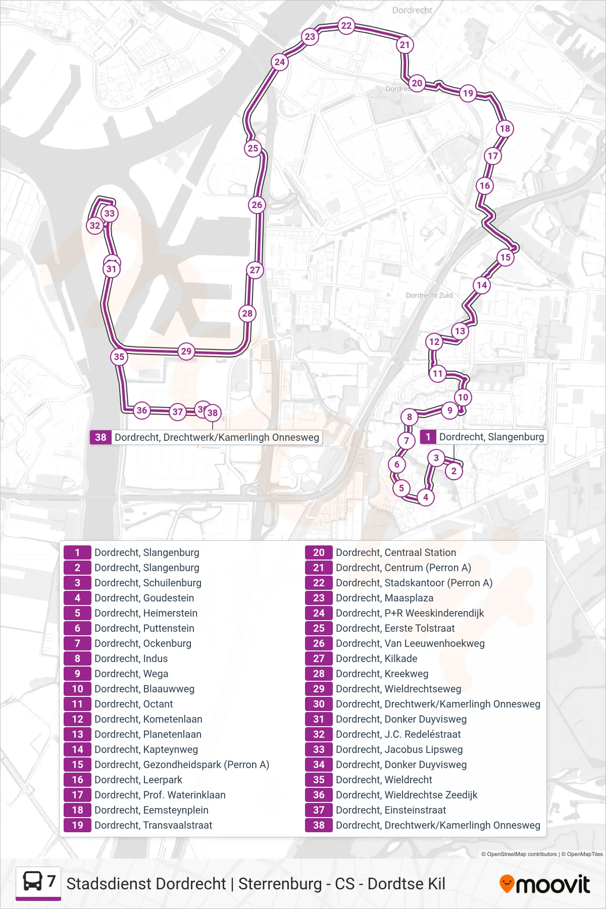 Lijn 7 (bus, Dordtse Kil): route en haltes op de kaart