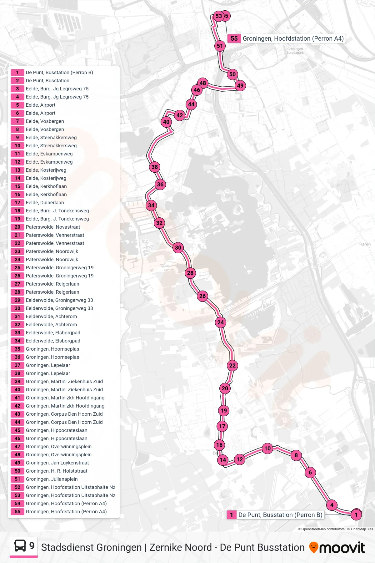 Lijn 9 (bus, Groningen): route en haltes op de kaart