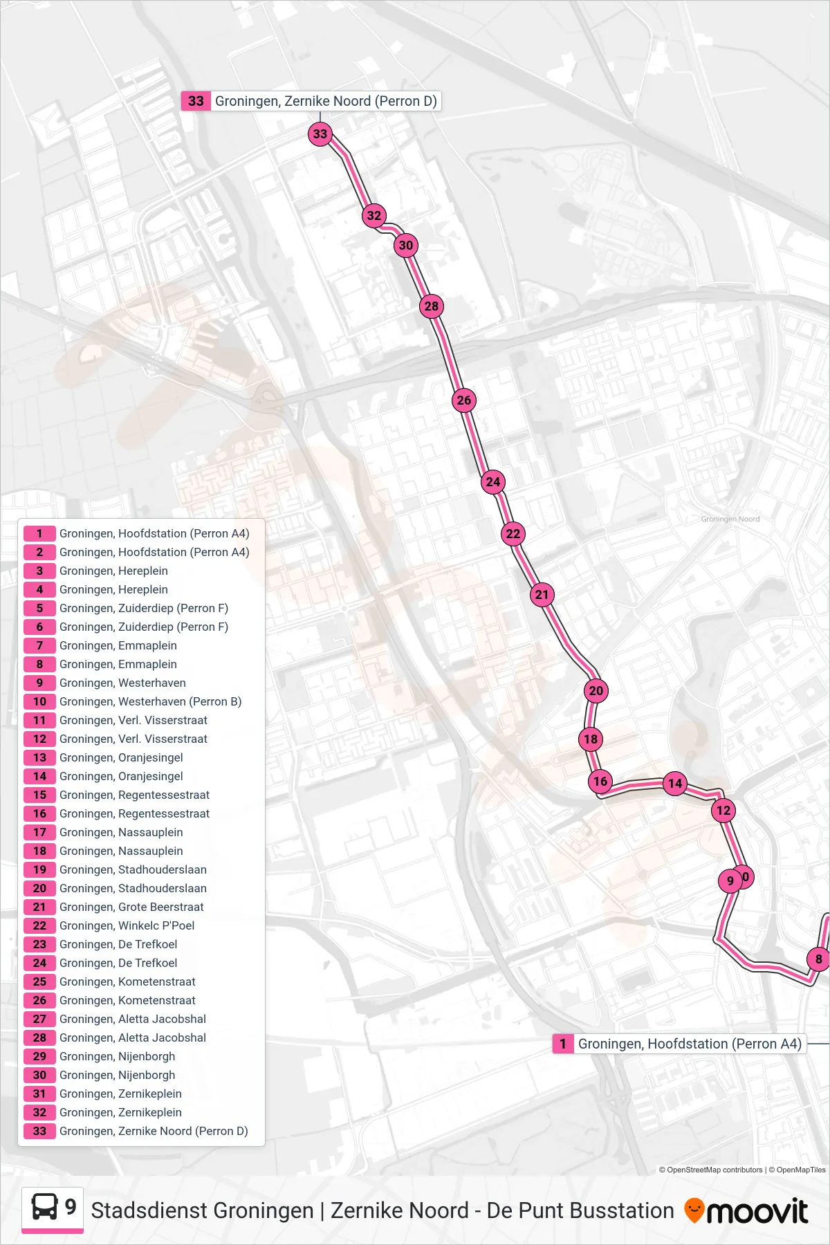 Lijn 9 (bus, Paddepoel): route en haltes op de kaart