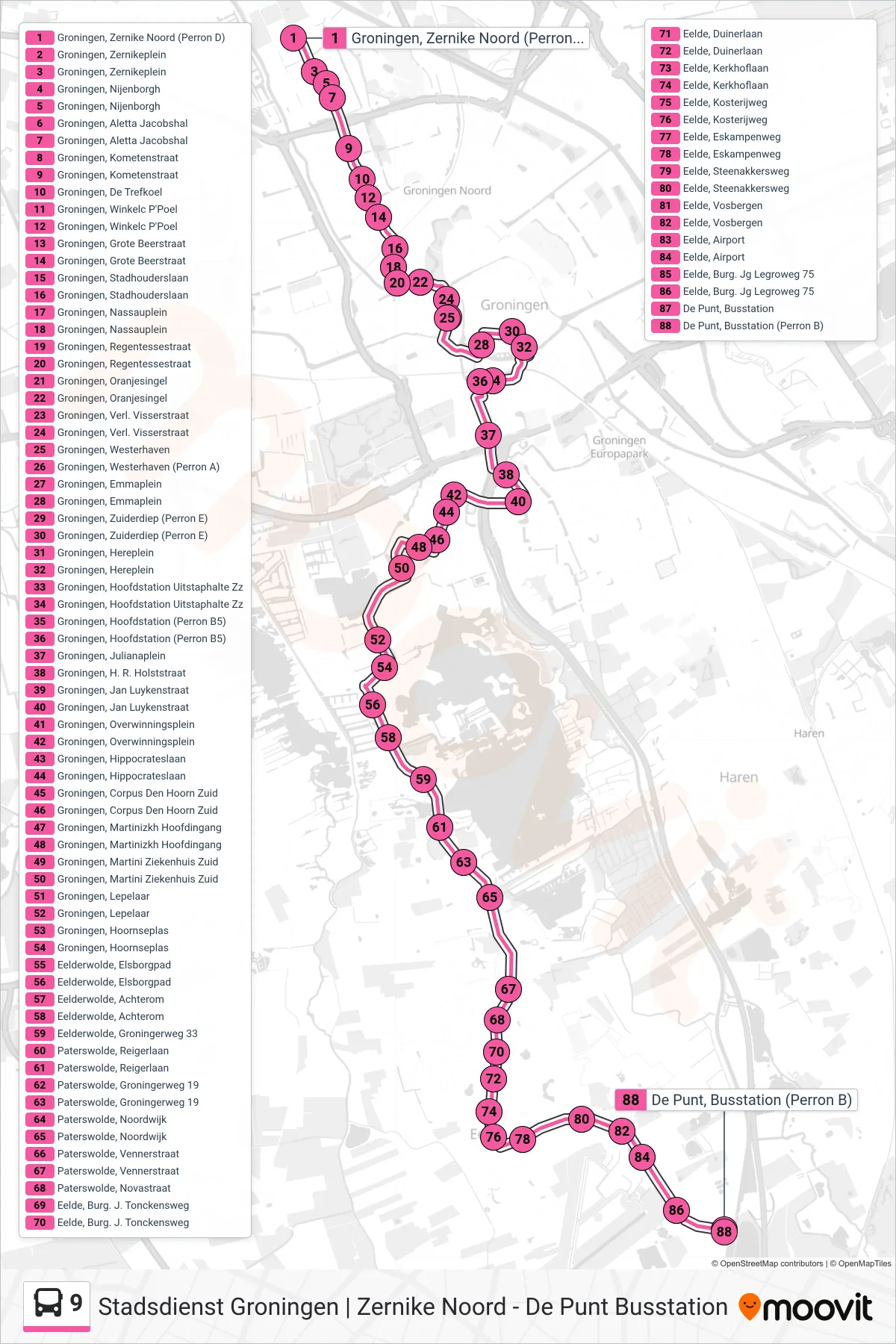 Lijn 9 (bus, Eelde): route en haltes op de kaart