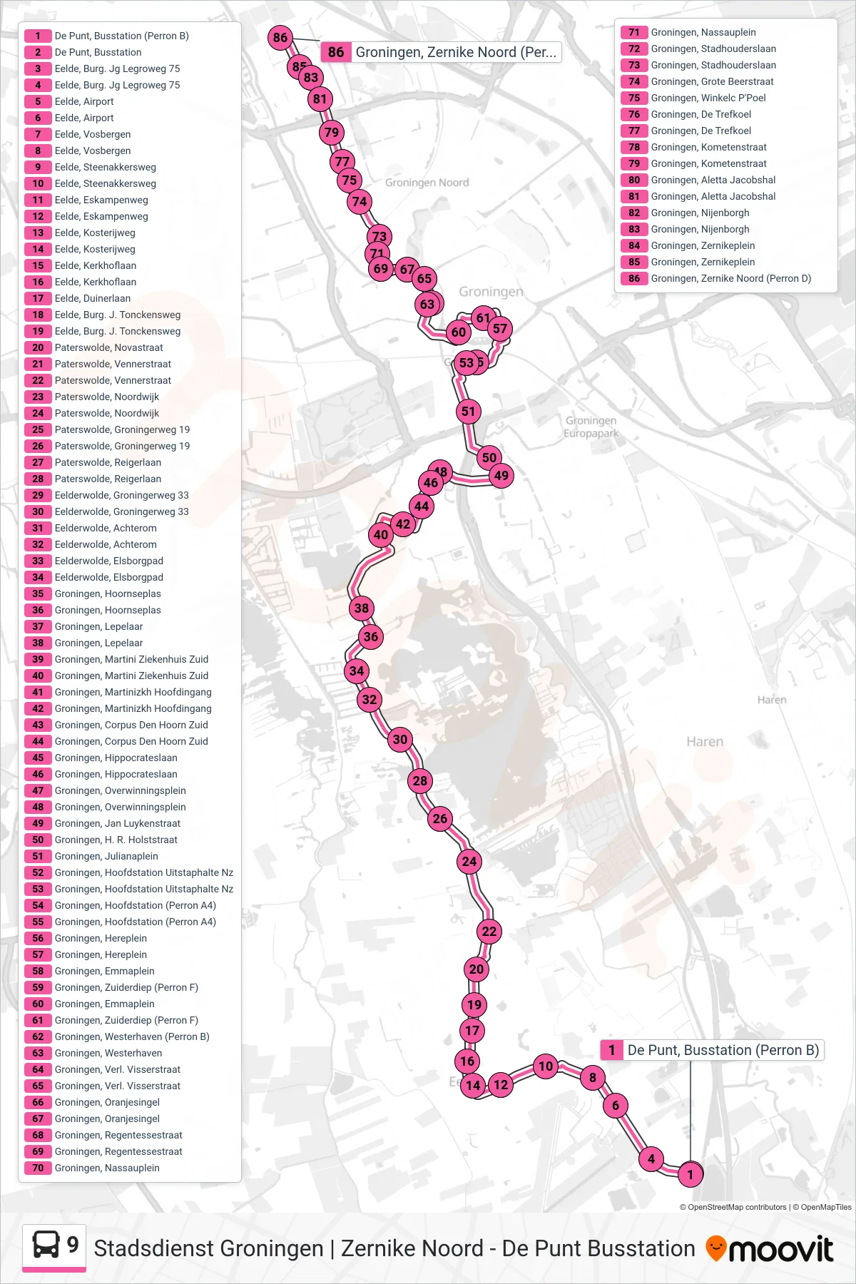 Lijn 9 (bus, De Wijert Via): route en haltes op de kaart