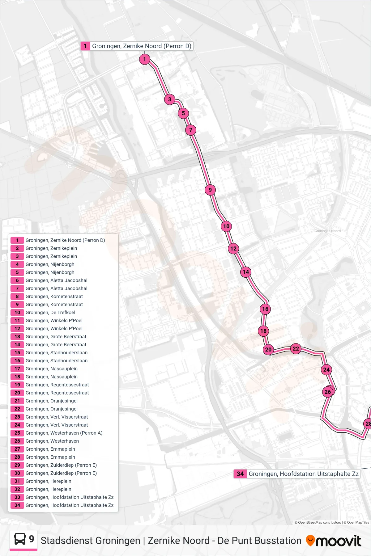 Lijn 9 (bus, Hoofdstation): route en haltes op de kaart