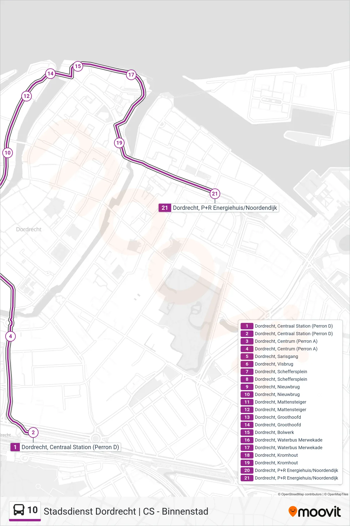 Lijn 10 (bus, Centrum): route en haltes op de kaart