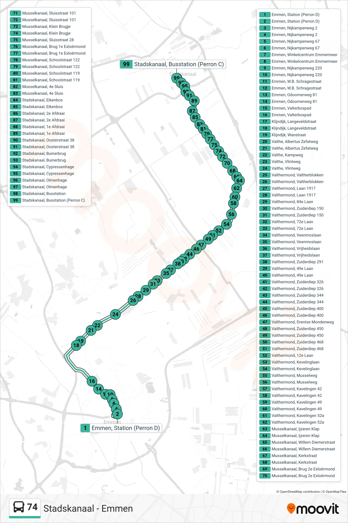 Lijn 74 (bus, Stadskanaal): route en haltes op de kaart