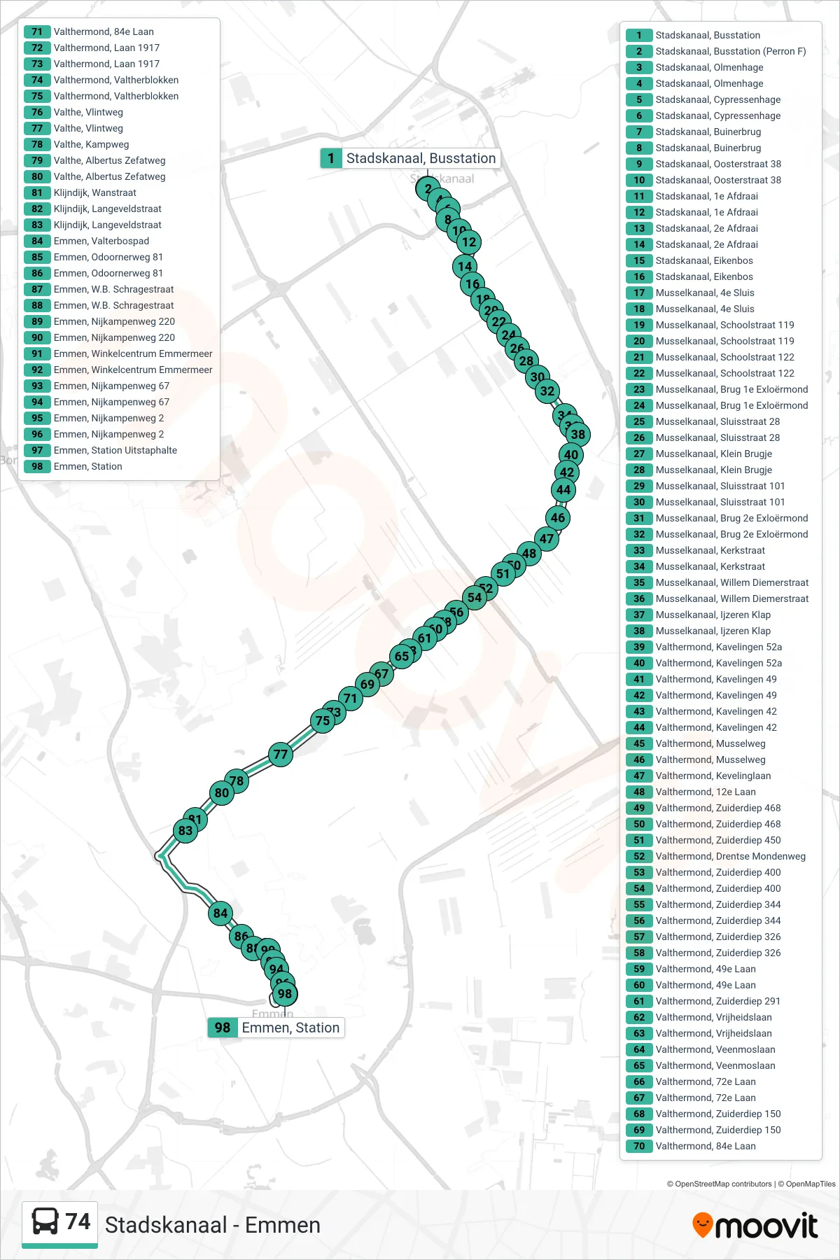 Lijn 74 (bus, Emmen): route en haltes op de kaart