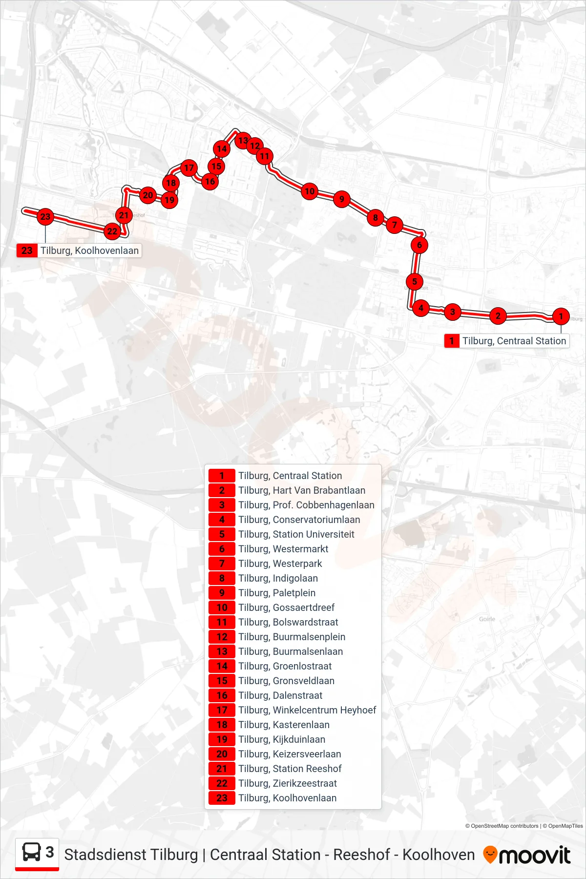 Lijn 3 (bus, Reeshof): route en haltes op de kaart