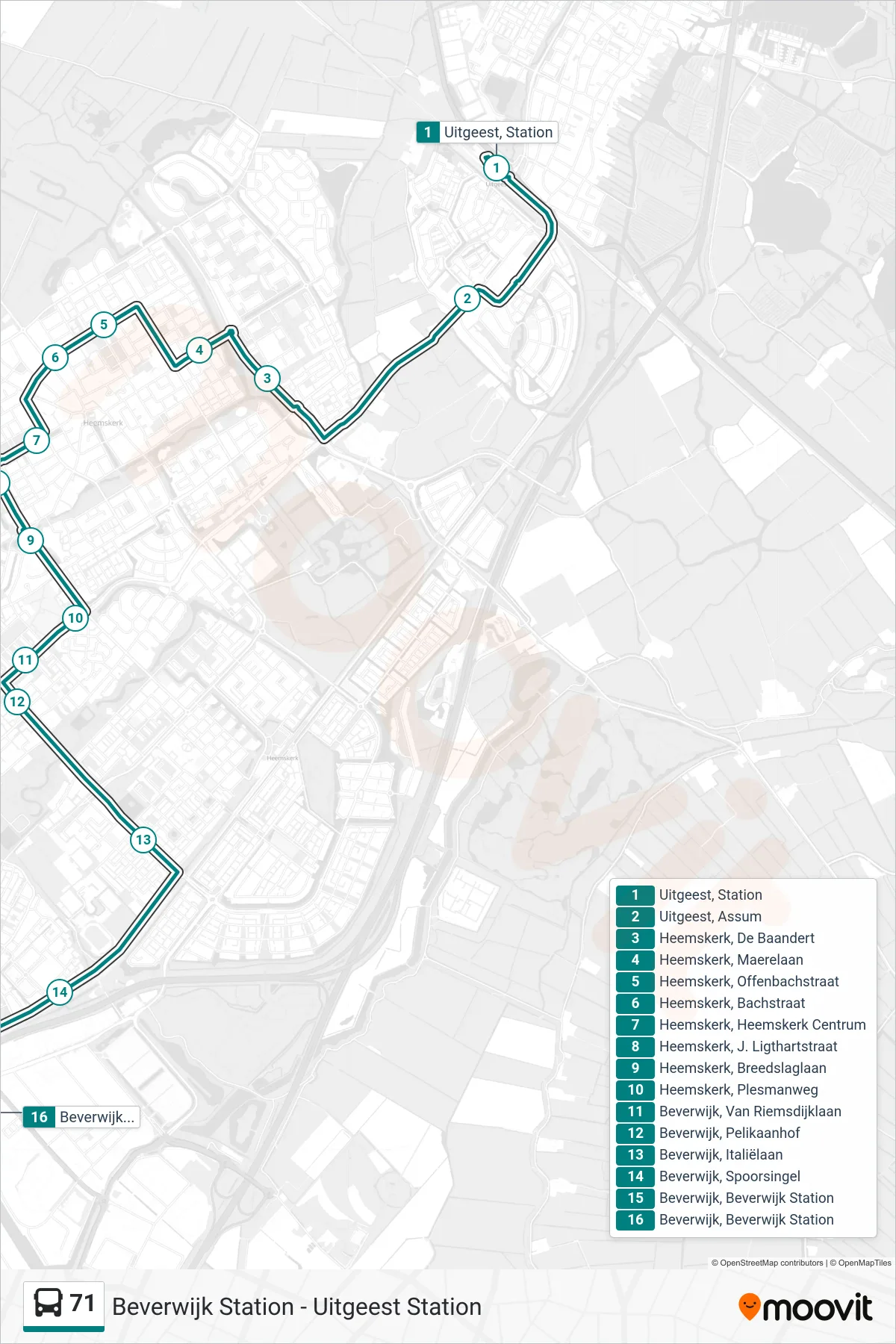 Lijn 71 (bus, Beverwijk Station): route en haltes op de kaart