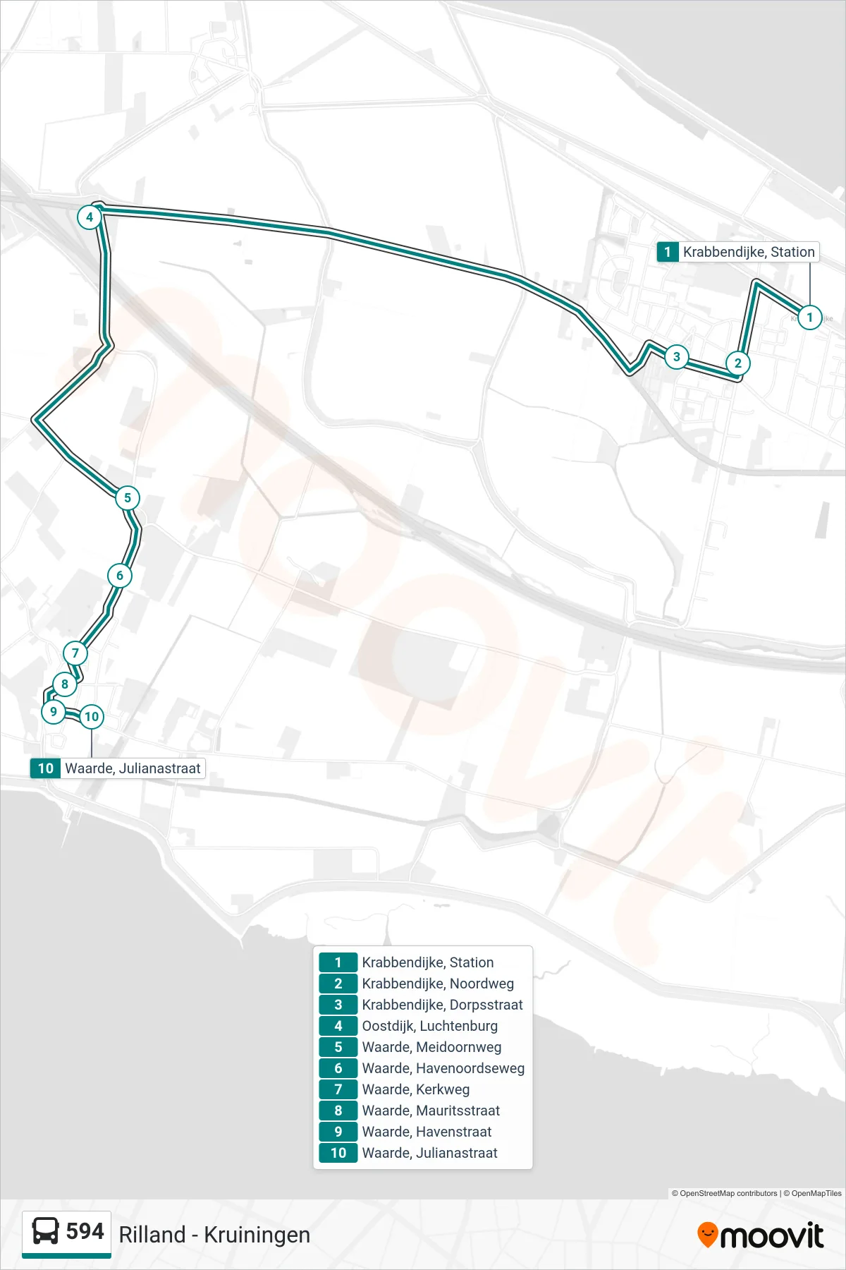 Lijn 594 (bus, Waarde Julianastraat): route en haltes op de kaart