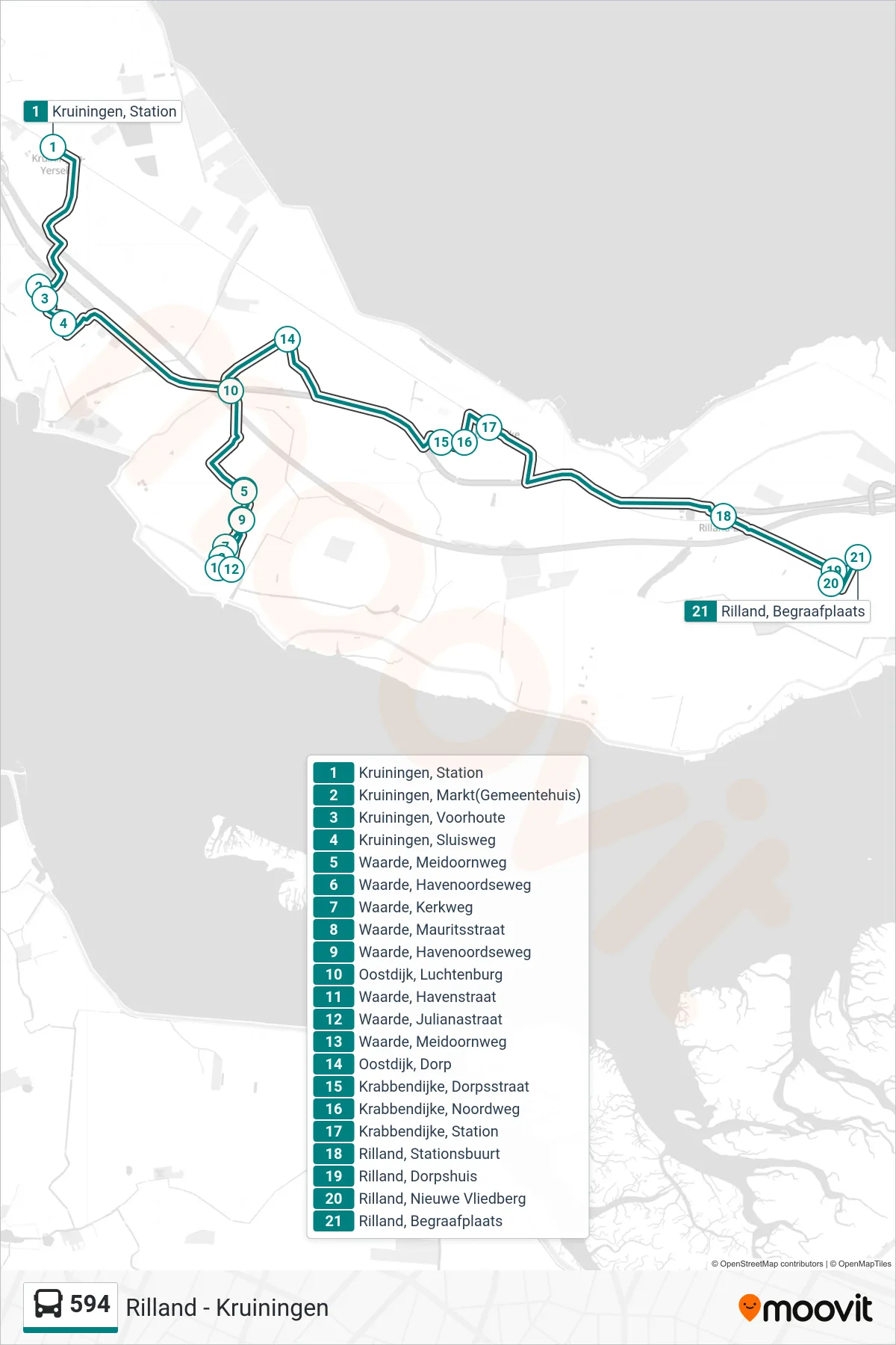 Lijn 594 (bus, Rilland Begraafplaats): route en haltes op de kaart