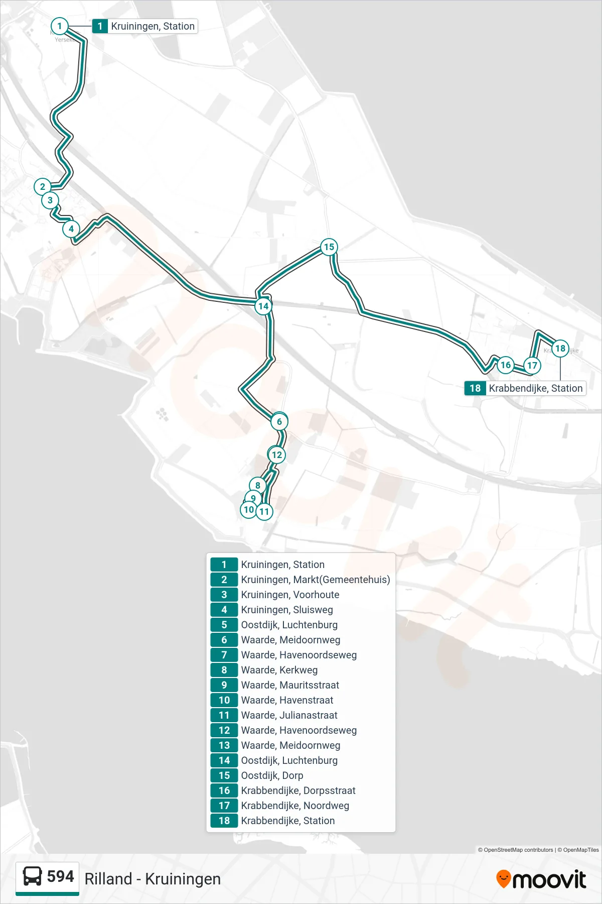 Lijn 594 (bus, Krabbendijke Station): route en haltes op de kaart