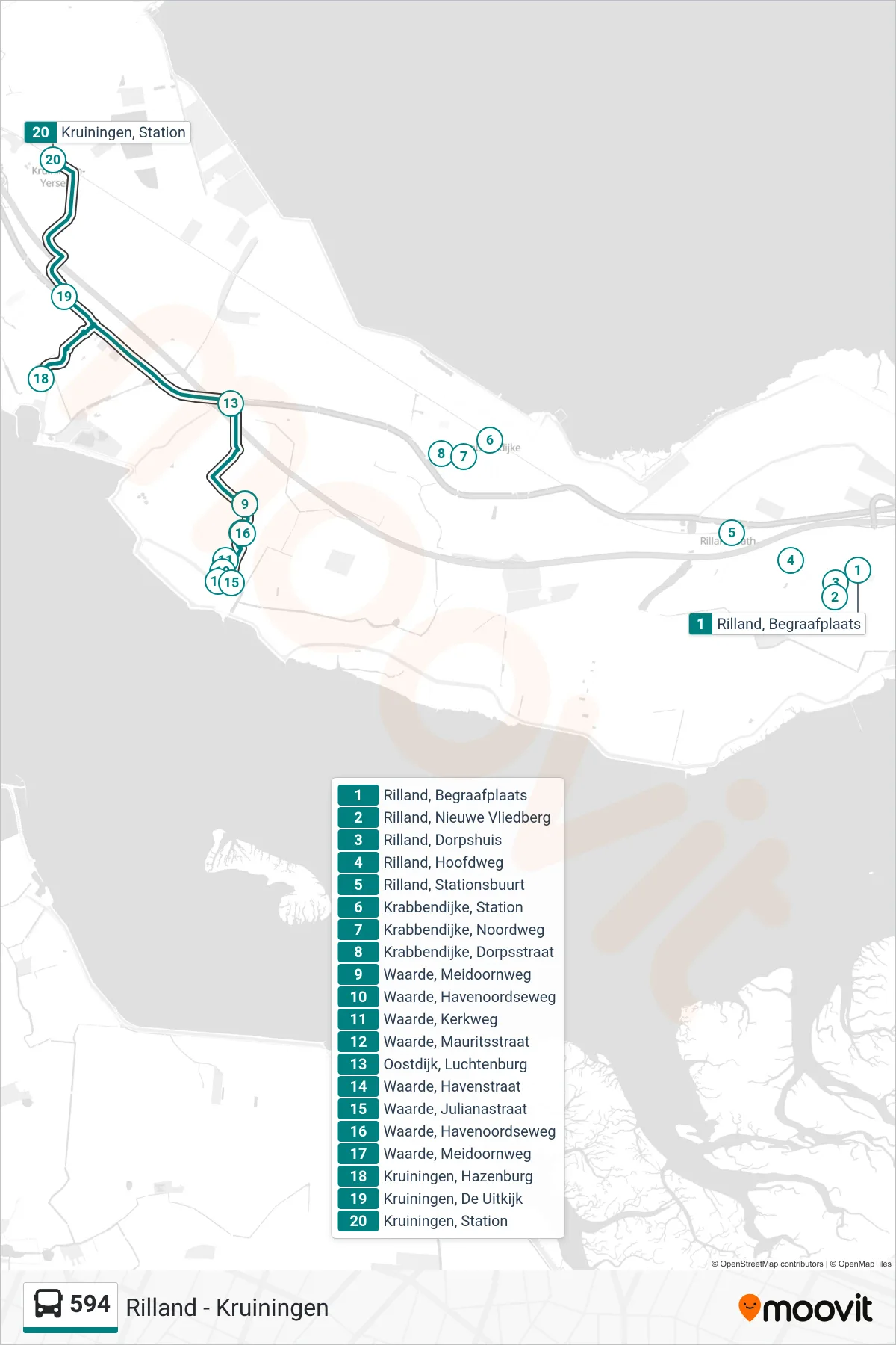 Lijn 594 (bus, Kruiningen Station): route en haltes op de kaart