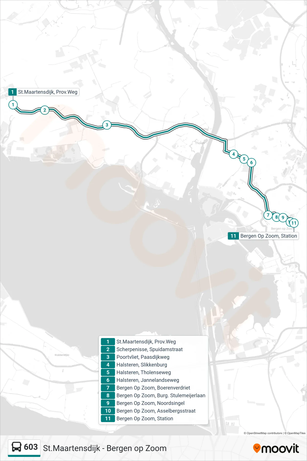 Lijn 603 (bus, Bergen Op Zoom Station): route en haltes op de kaart
