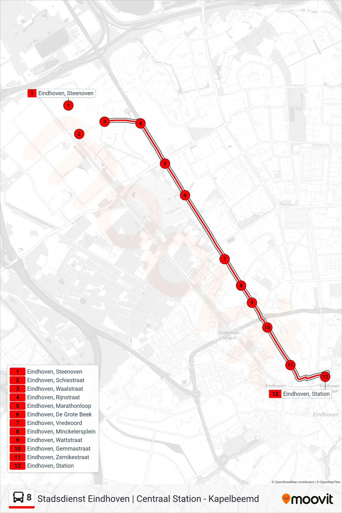 Lijn 8 (bus, Eindhoven Station): route en haltes op de kaart