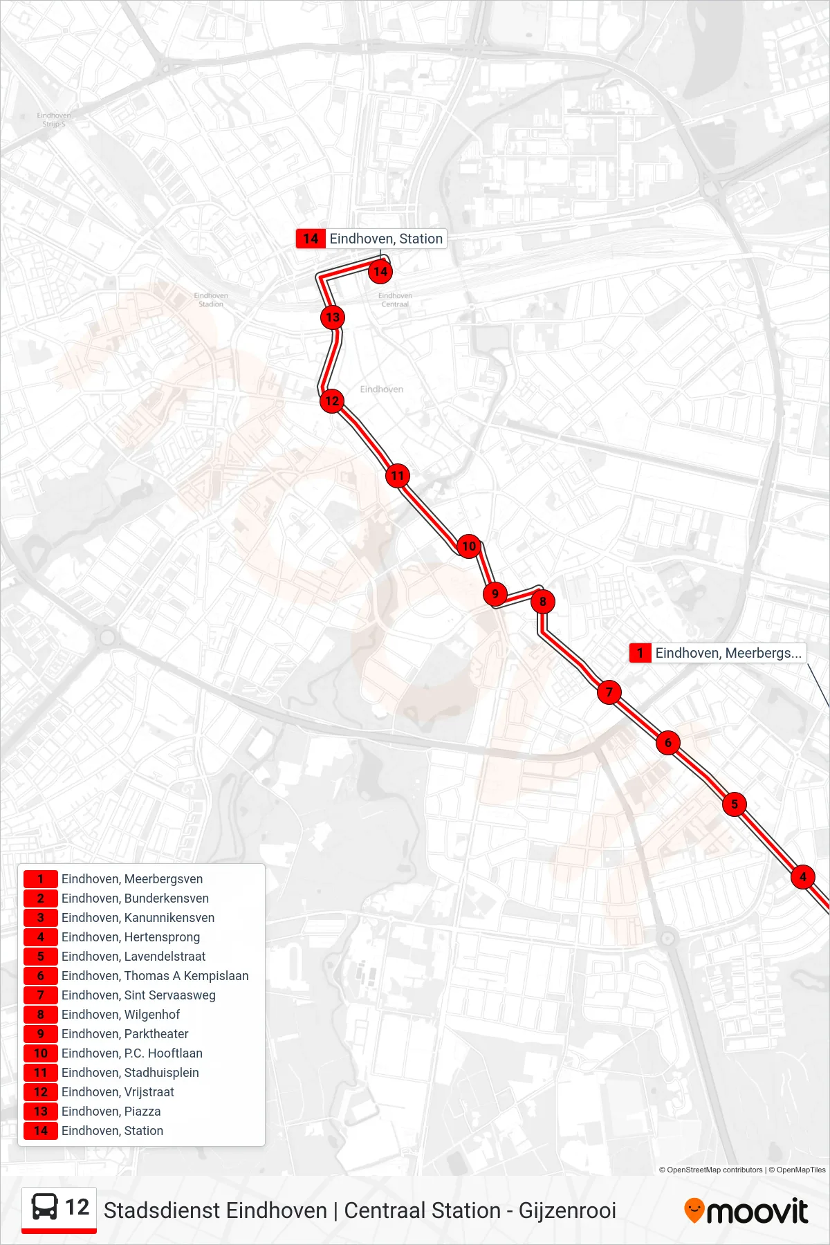 12 bus Line (Eindhoven Station) route and stops on a map