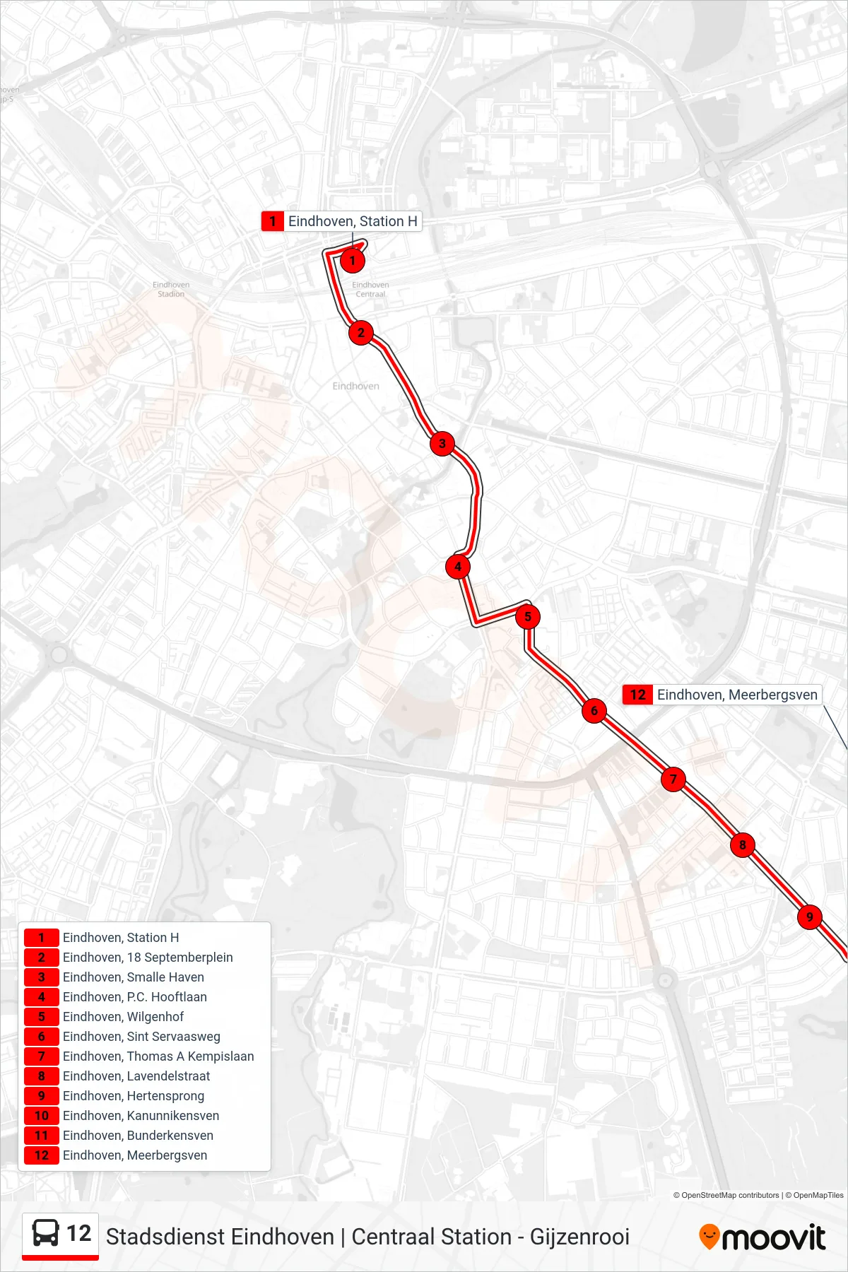 Lijn 12 (bus, Gijzenrooi): route en haltes op de kaart