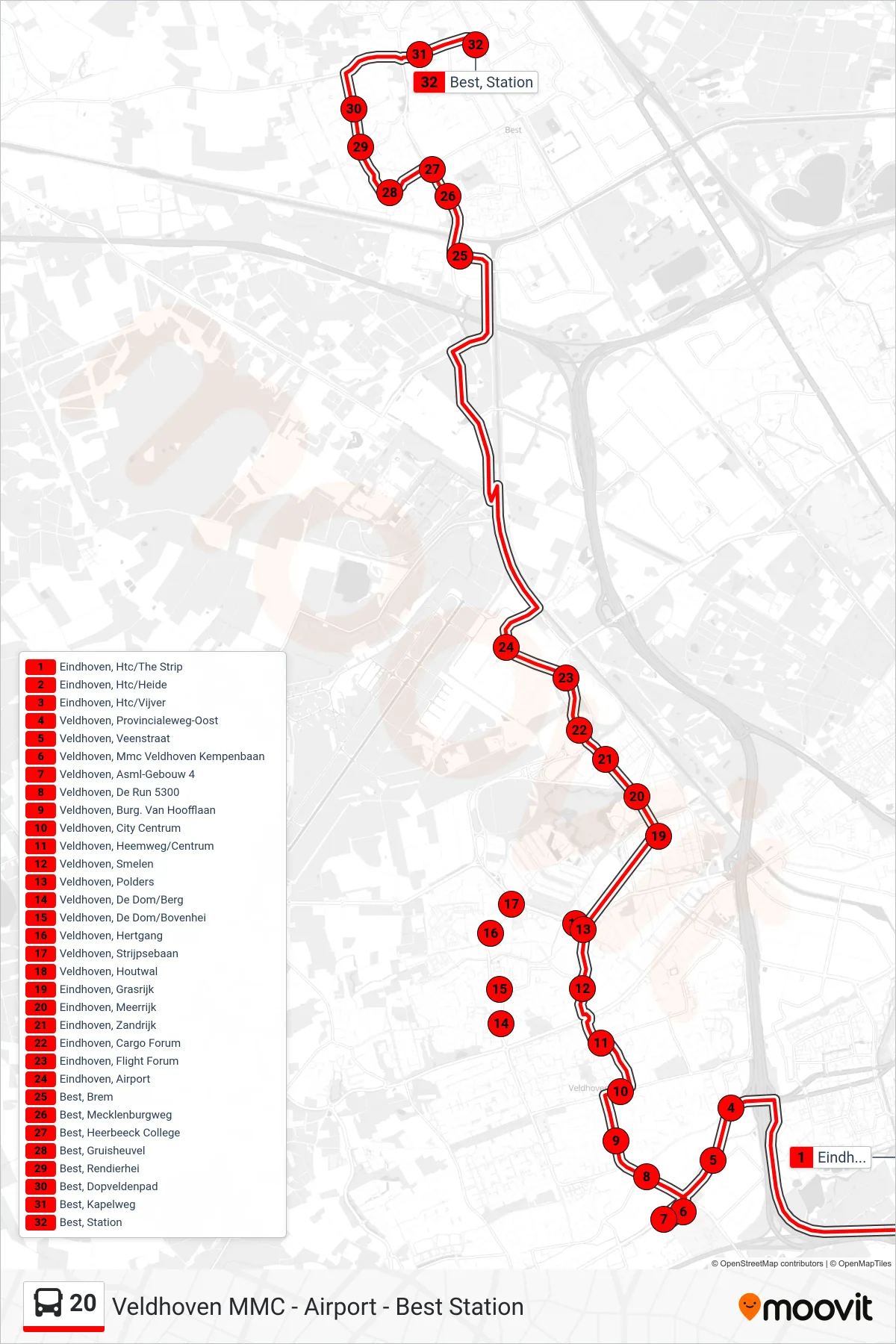 Lijn 20 (bus, Best Station): route en haltes op de kaart