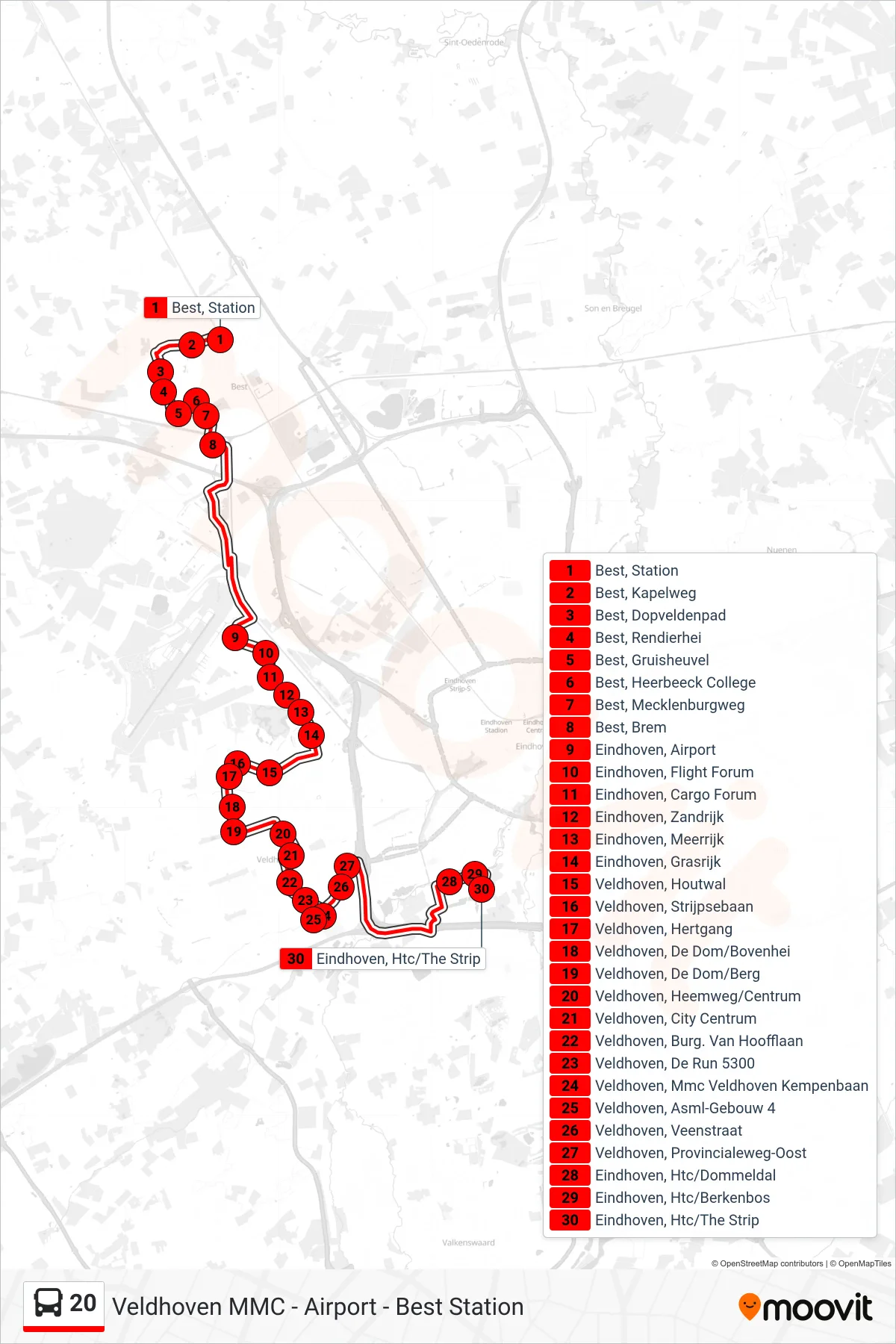 Lijn 20 (bus, High Tech Campus): route en haltes op de kaart