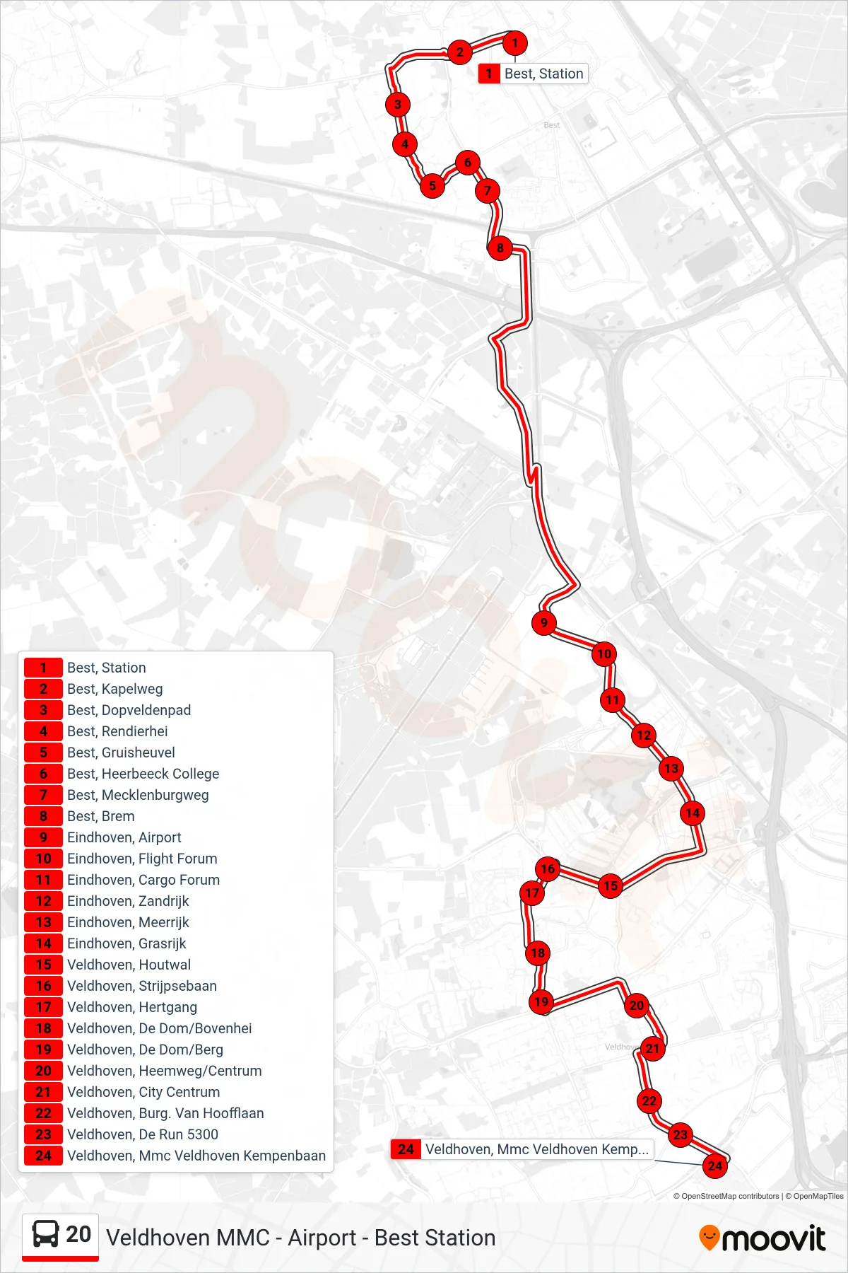 Lijn 20 (bus, Veldhoven Mmc Veldhoven Kempenbaan): route en haltes op de kaart