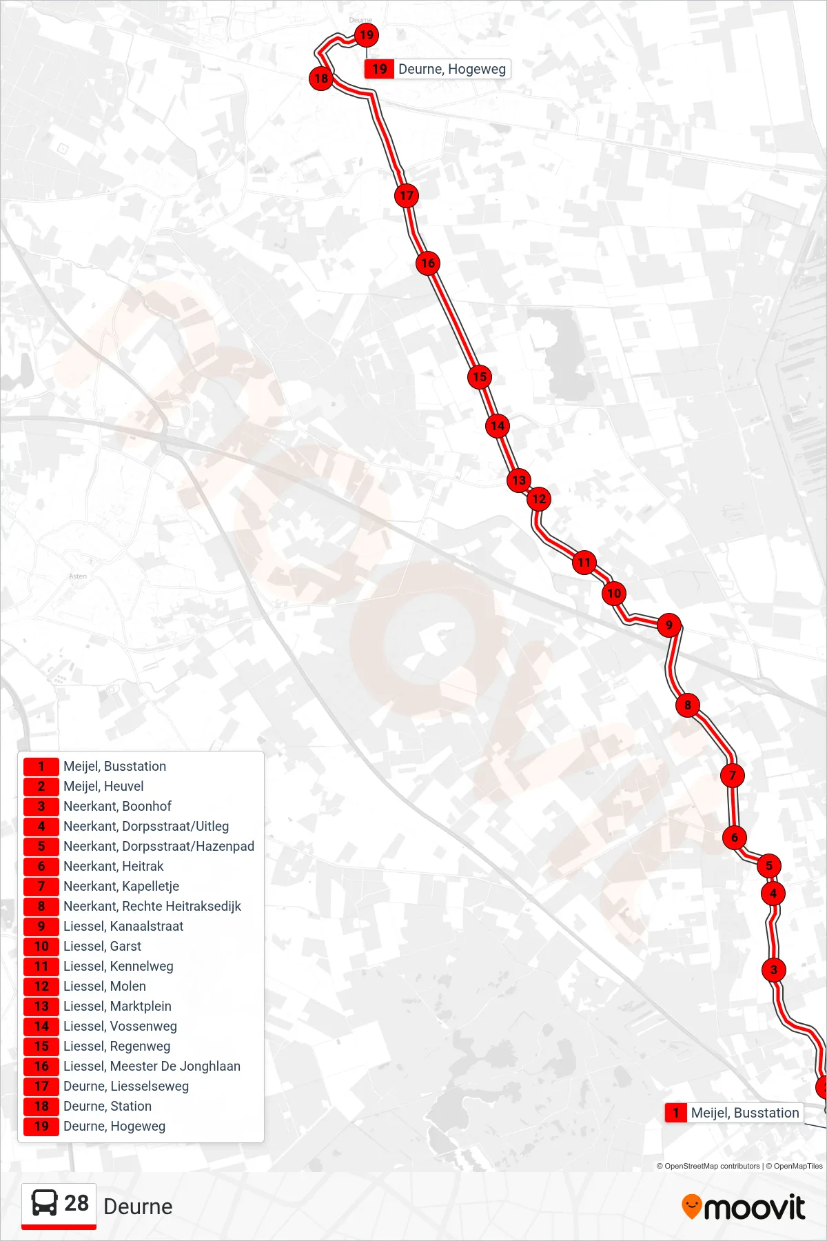 Lijn 28 (bus, Deurne): route en haltes op de kaart