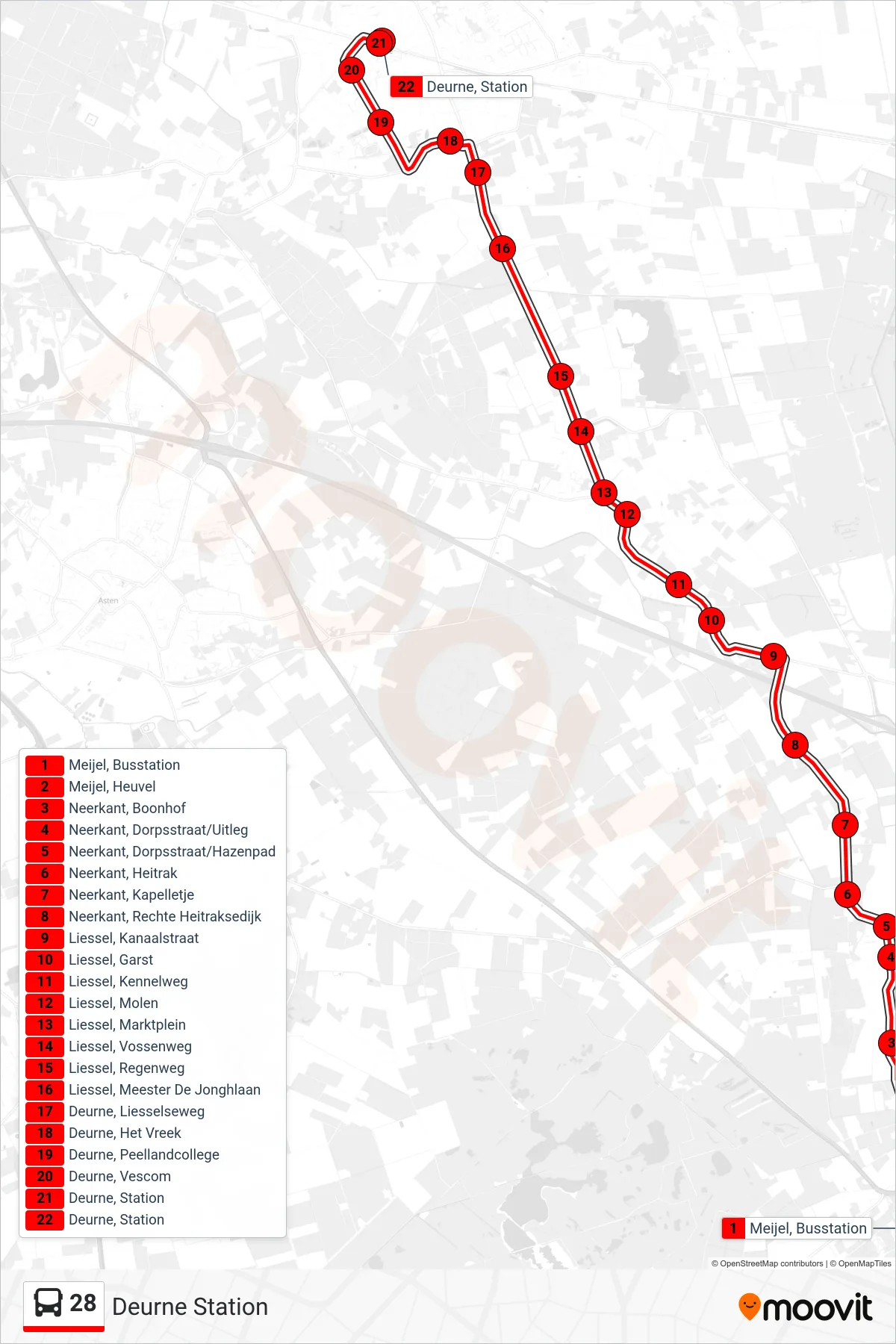Lijn 28 (bus, Deurne Station): route en haltes op de kaart