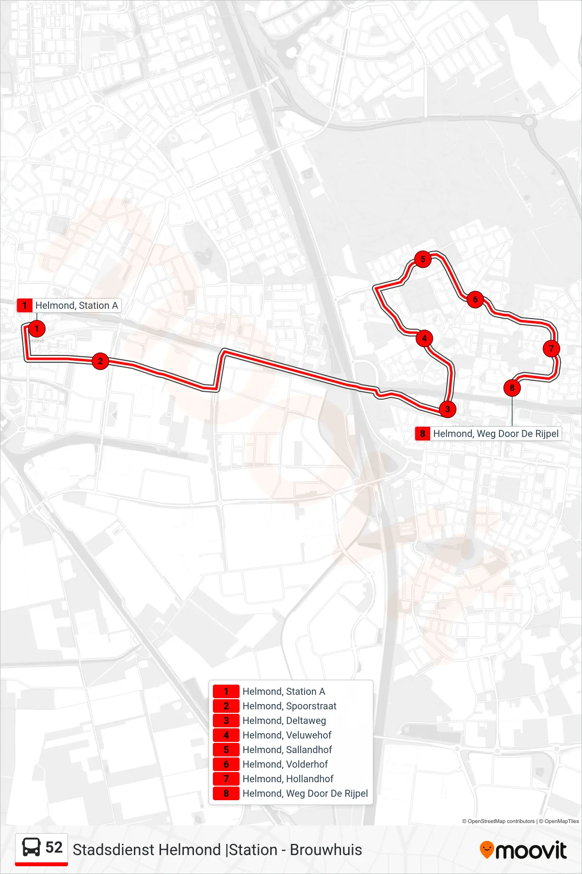 Lijn 52 (bus, Helmond Weg Door De Rijpel): route en haltes op de kaart