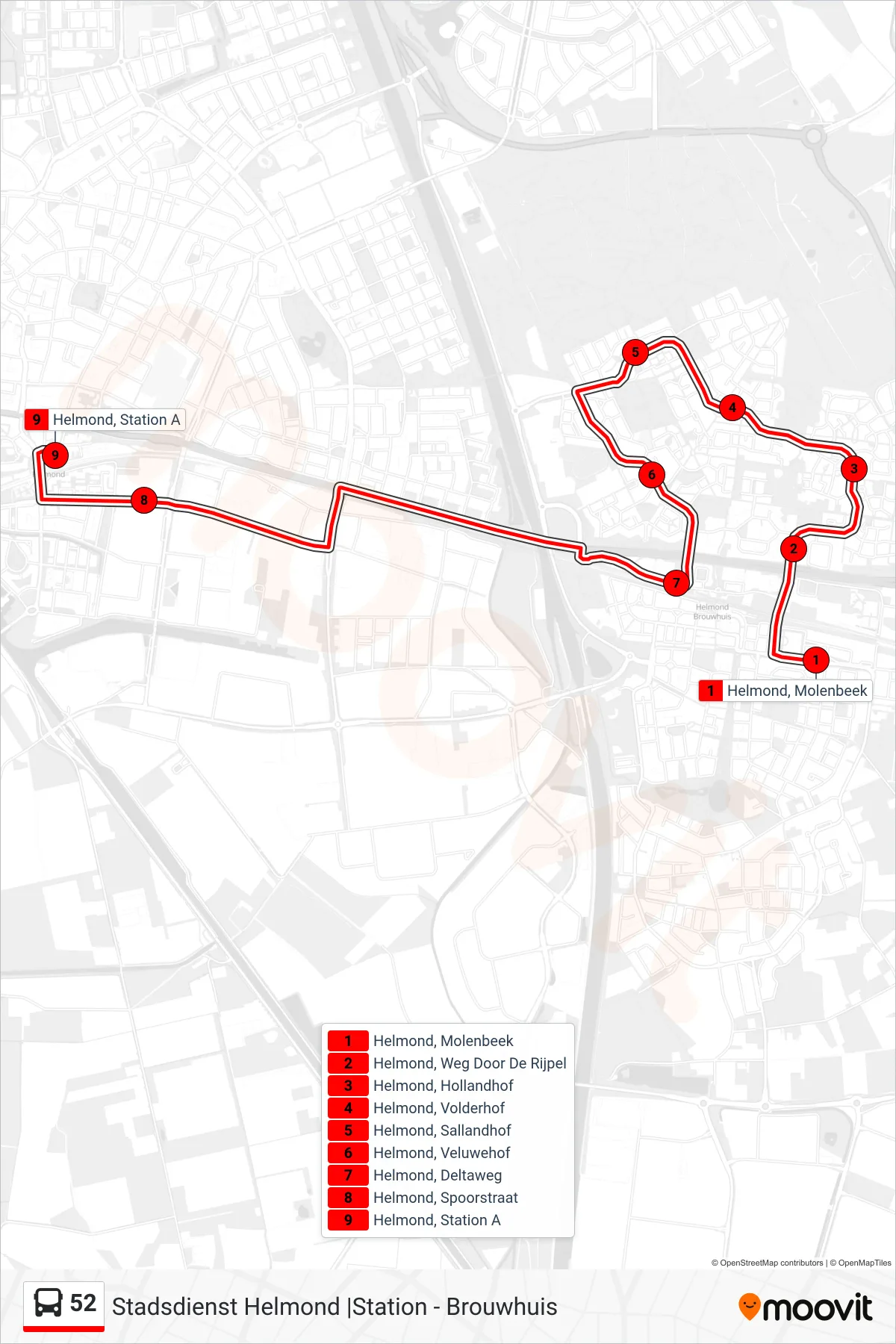Lijn 52 (bus, Helmond Station): route en haltes op de kaart