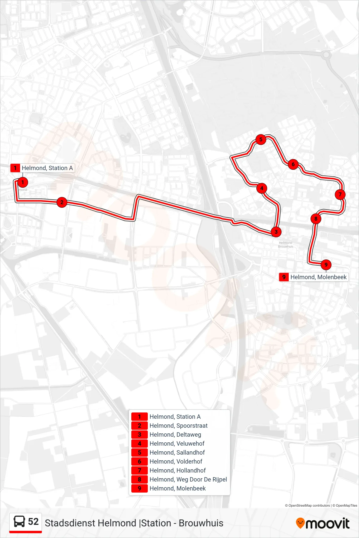 Lijn 52 (bus, Brouwhuis): route en haltes op de kaart