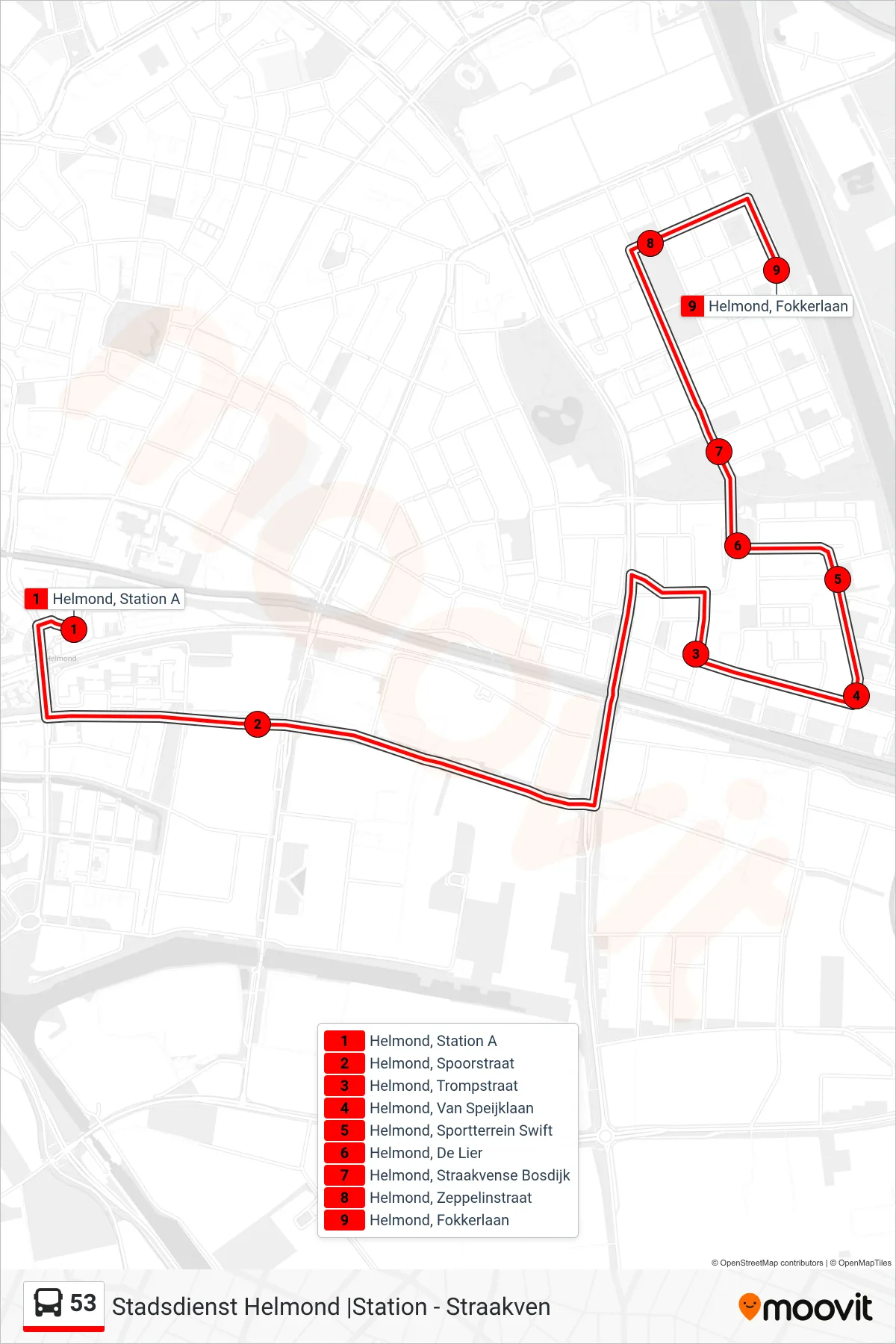 Lijn 53 (bus, Straakven): route en haltes op de kaart