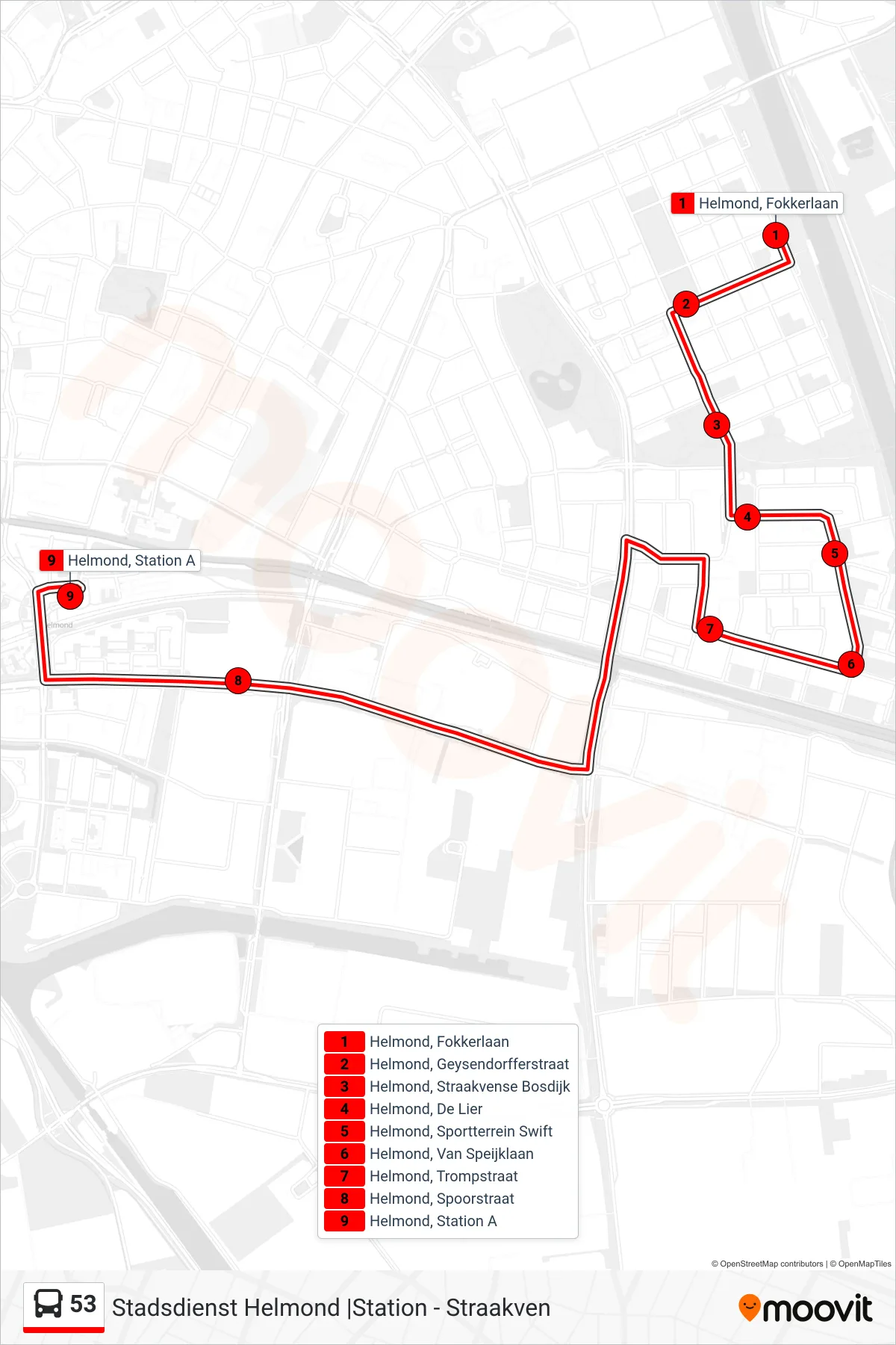 Lijn 53 (bus, Helmond Station): route en haltes op de kaart