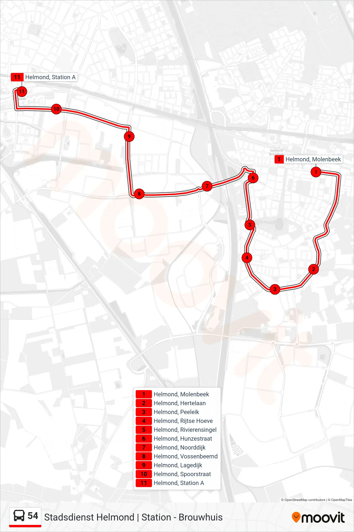 Lijn 54 (bus, Helmond Station): route en haltes op de kaart
