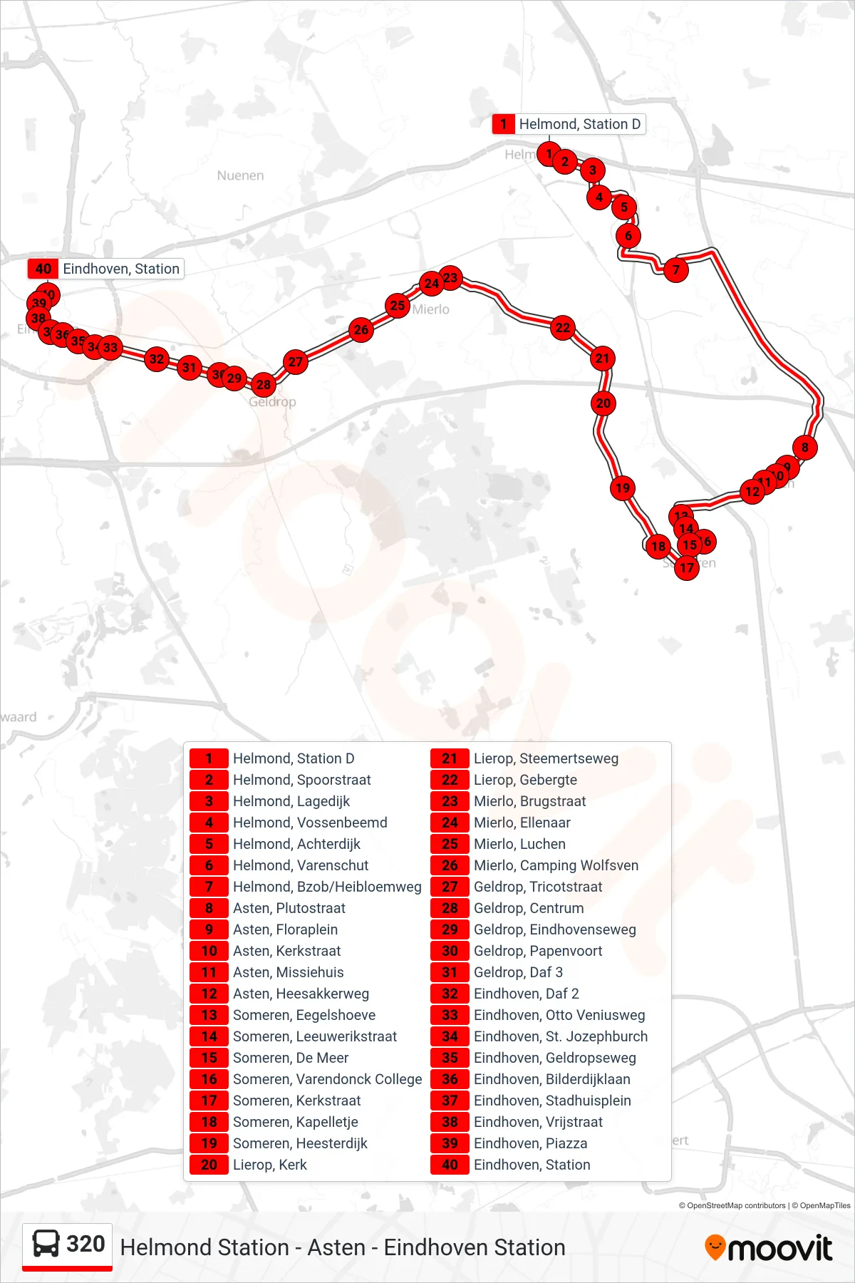 Lijn 320 (bus, Eindhoven Station): route en haltes op de kaart