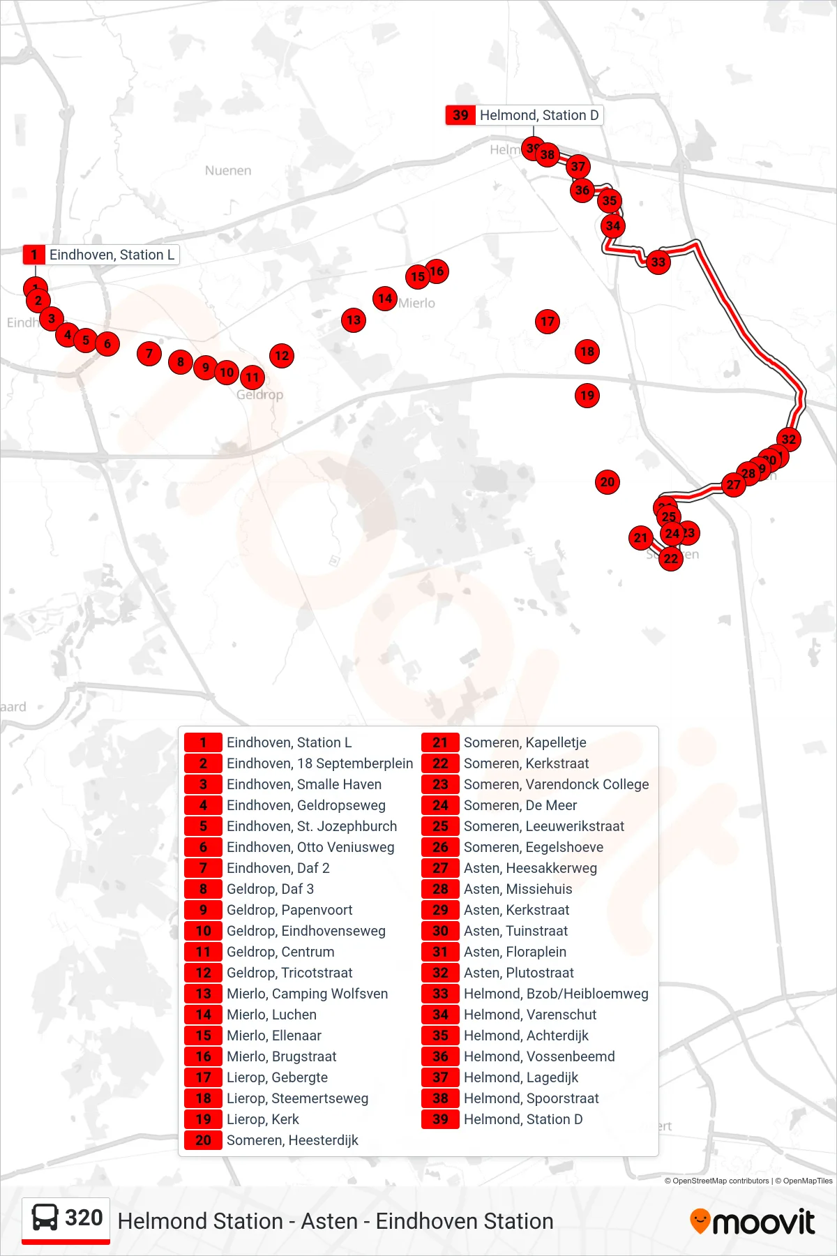Lijn 320 (bus, Helmond Station): route en haltes op de kaart