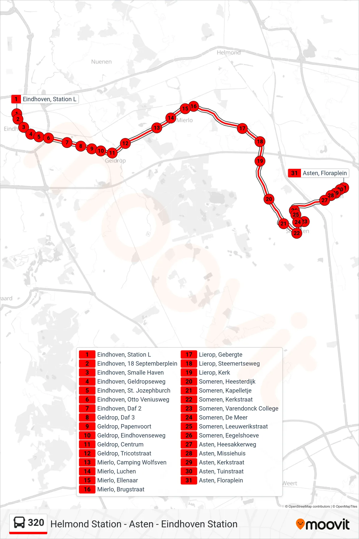 320 bus Line (Asten Floraplein) route and stops on a map