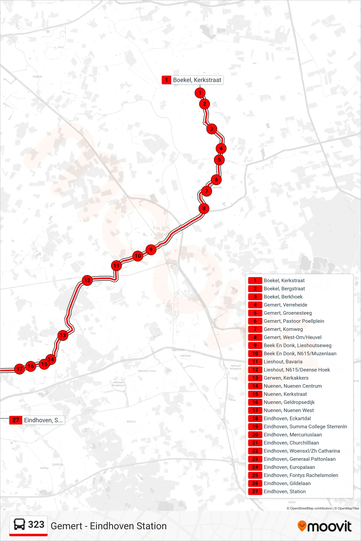 Linie 323 (Bus) Richtung Eindhoven Station: Route und Haltestellen auf der Karte