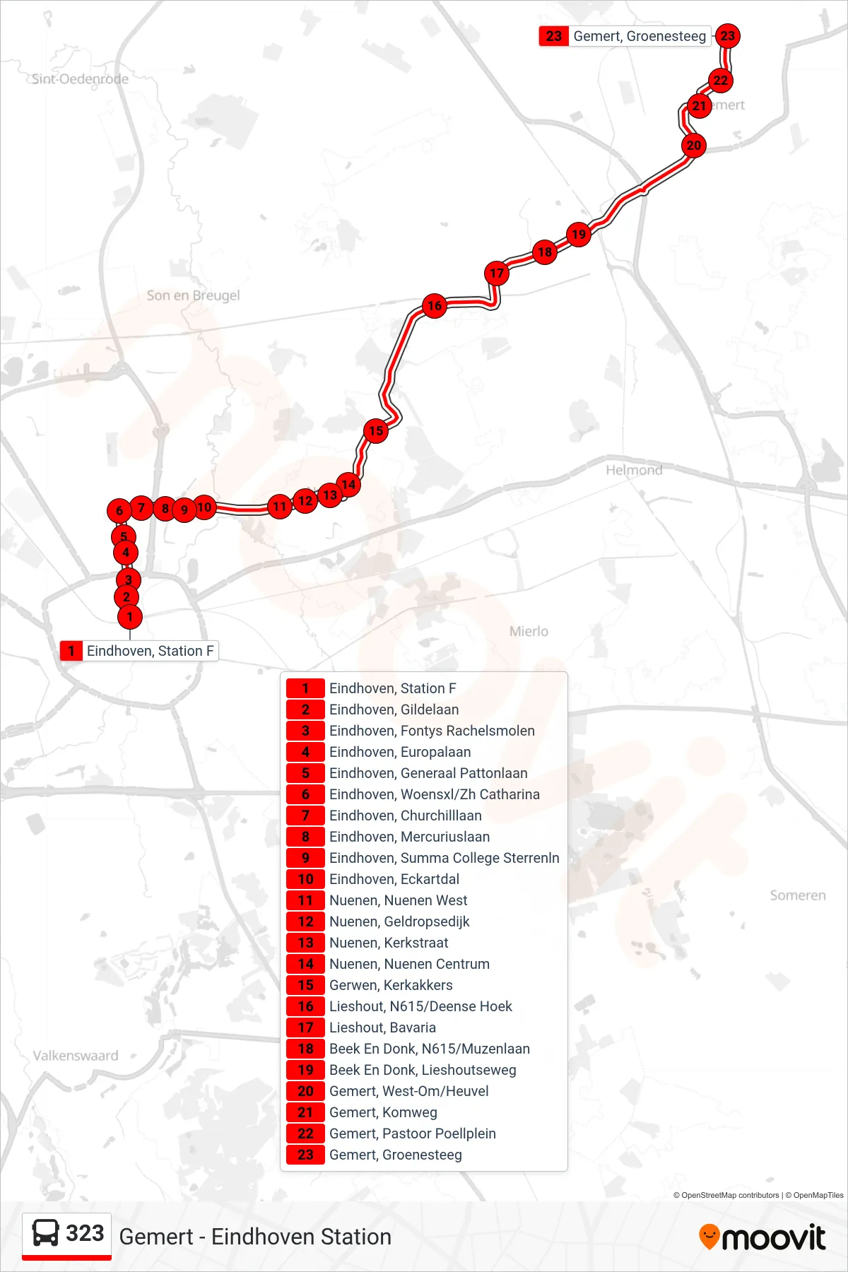 Lijn 323 (bus, Gemert Groenesteeg): route en haltes op de kaart