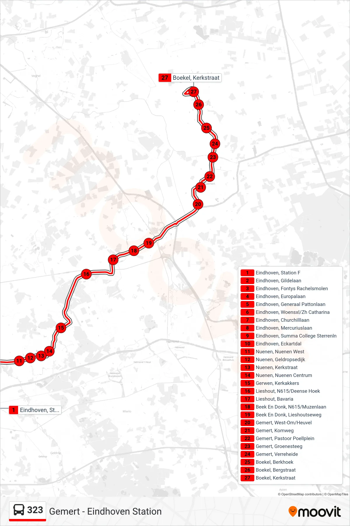 Linie 323 (Bus) Richtung Boekel Kerkstraat: Route und Haltestellen auf der Karte