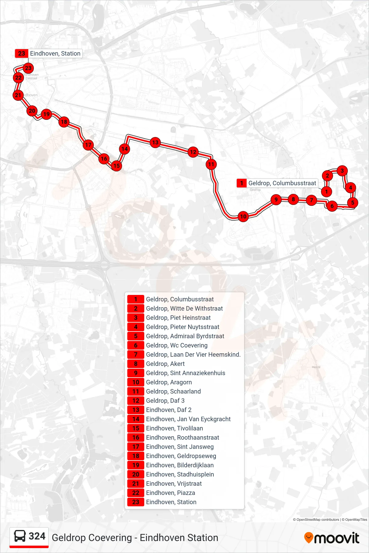 Lijn 324 (bus, Eindhoven Station): route en haltes op de kaart