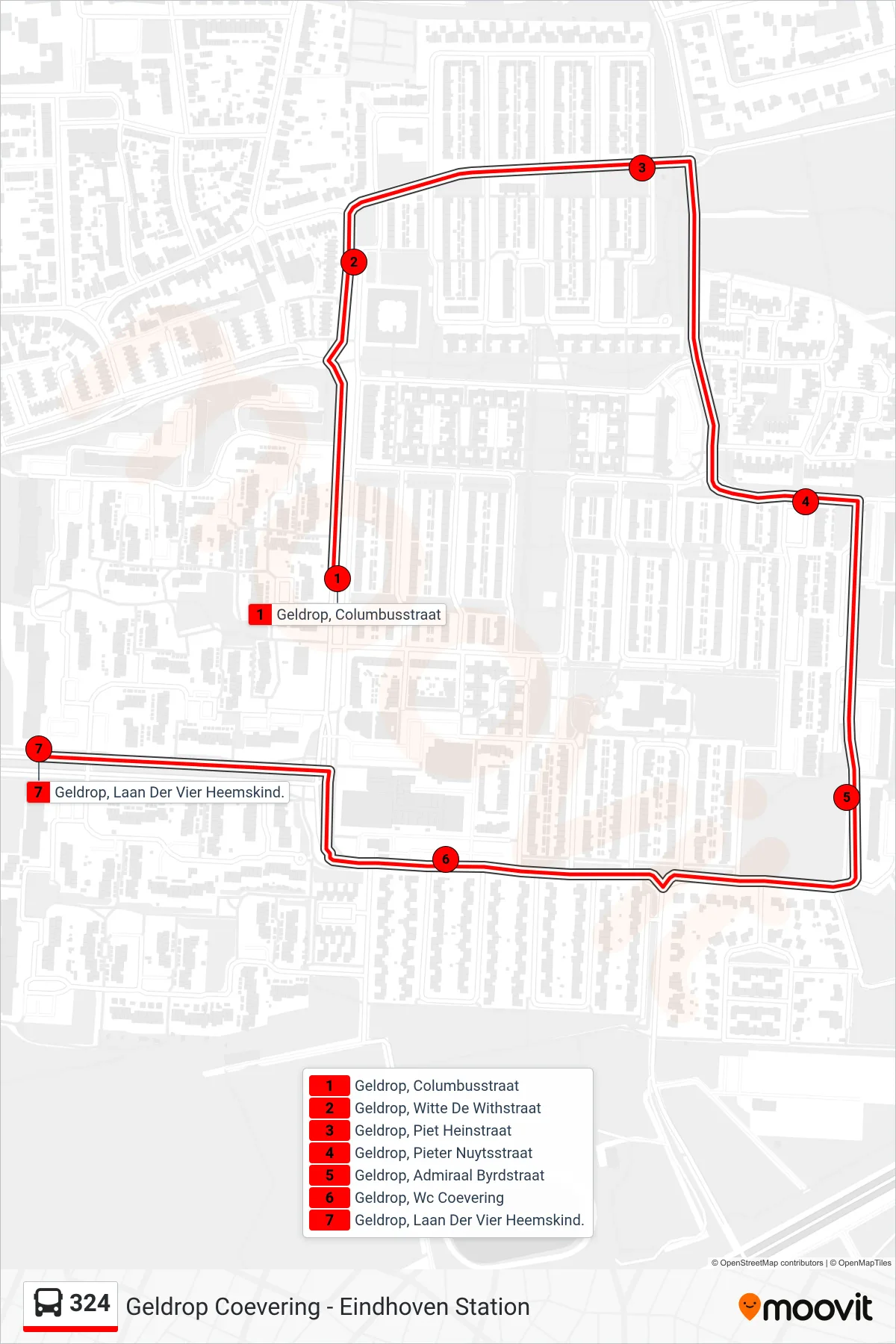 Lijn 324 (bus, Geldrop Laan Der Vier Heemskind.): route en haltes op de kaart