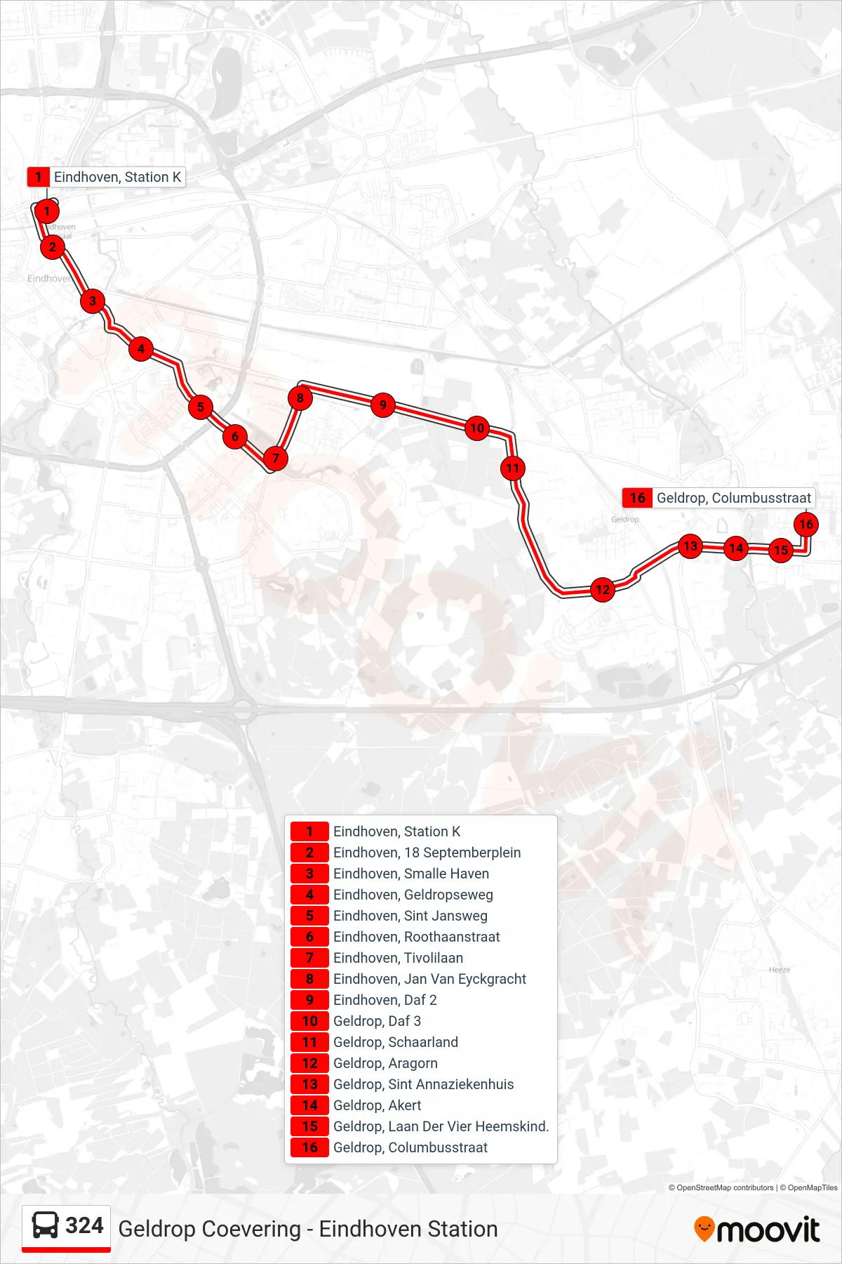 Lijn 324 (bus, Geldrop Coevering): route en haltes op de kaart