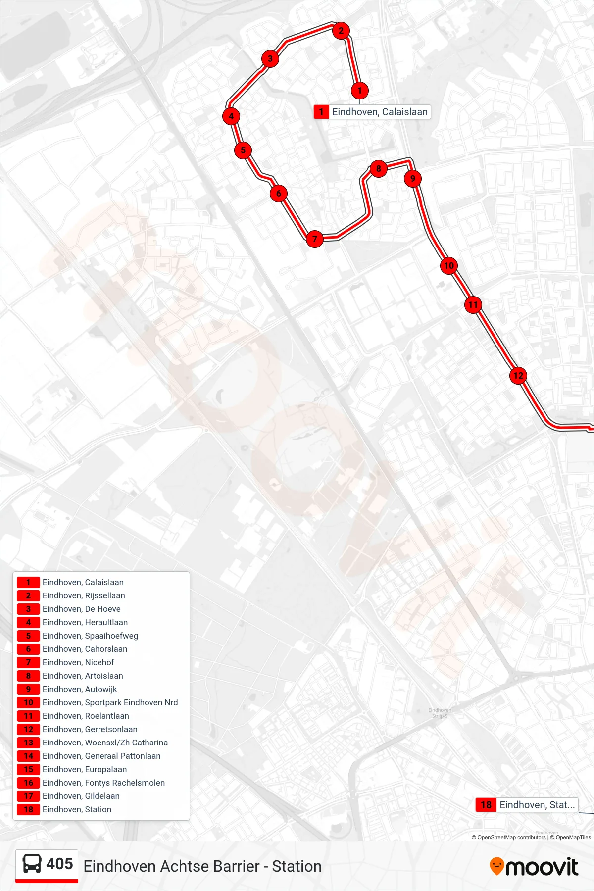 405 bus Line (Eindhoven Station) route and stops on a map