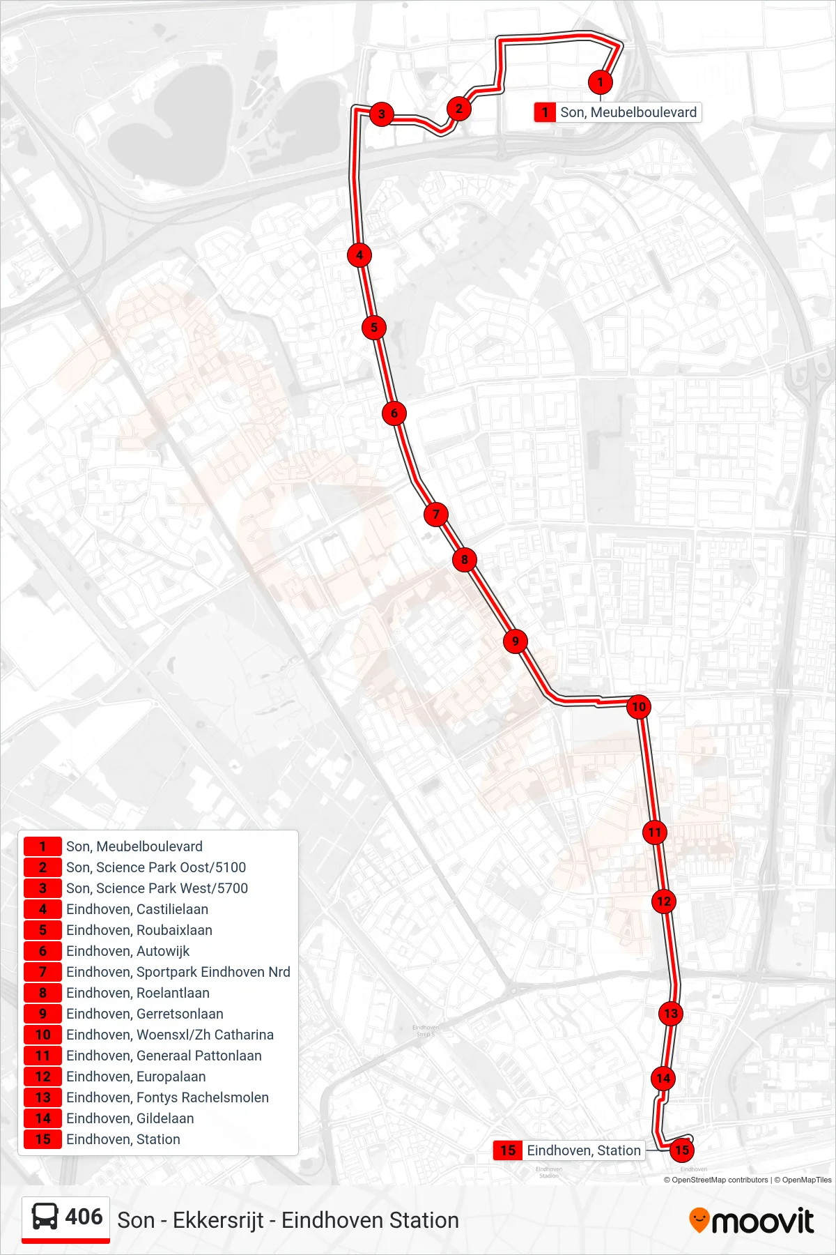 Lijn 406 (bus, Eindhoven Station): route en haltes op de kaart