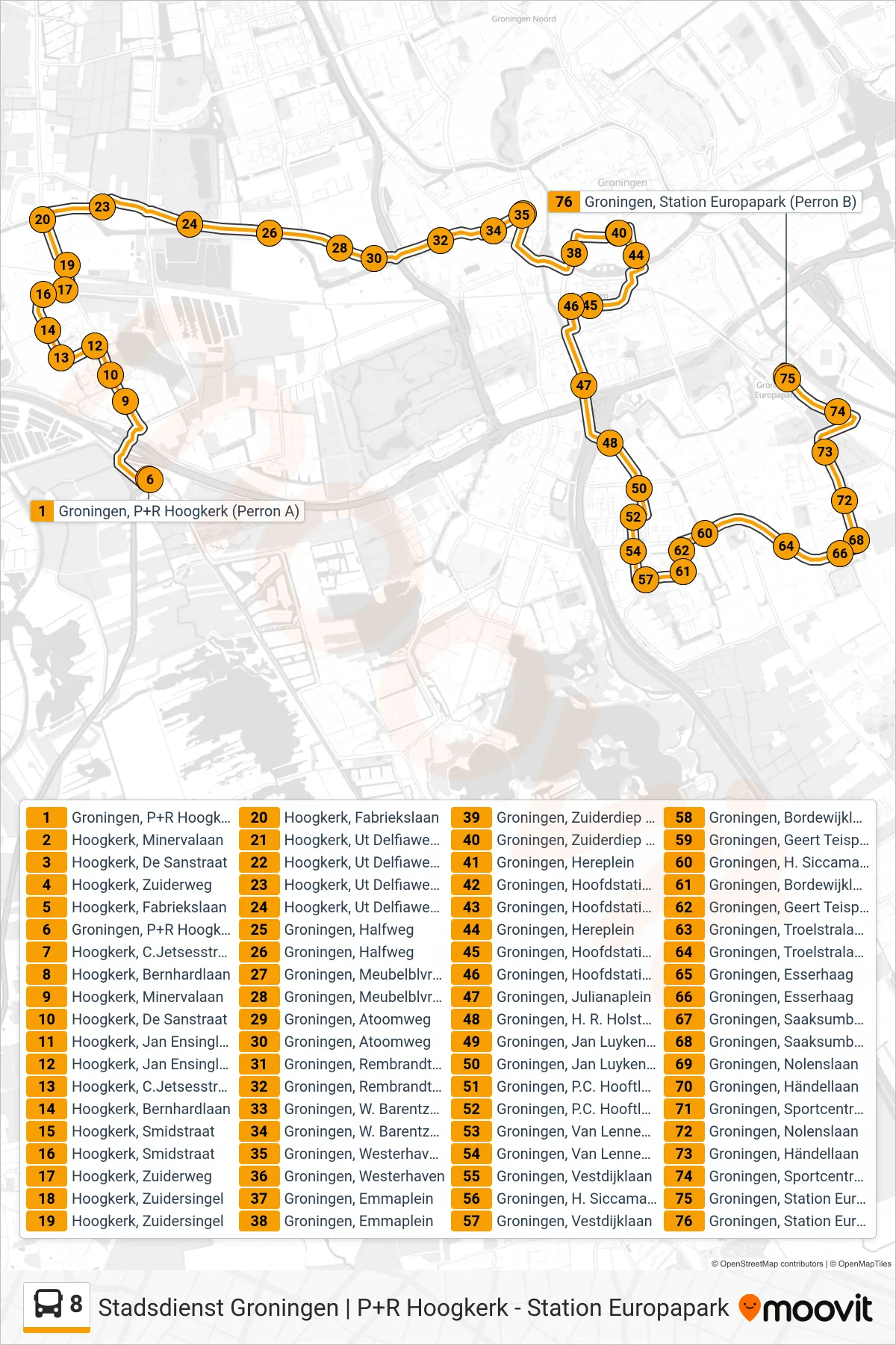 Lijn 8 (bus, Westerhaven): route en haltes op de kaart