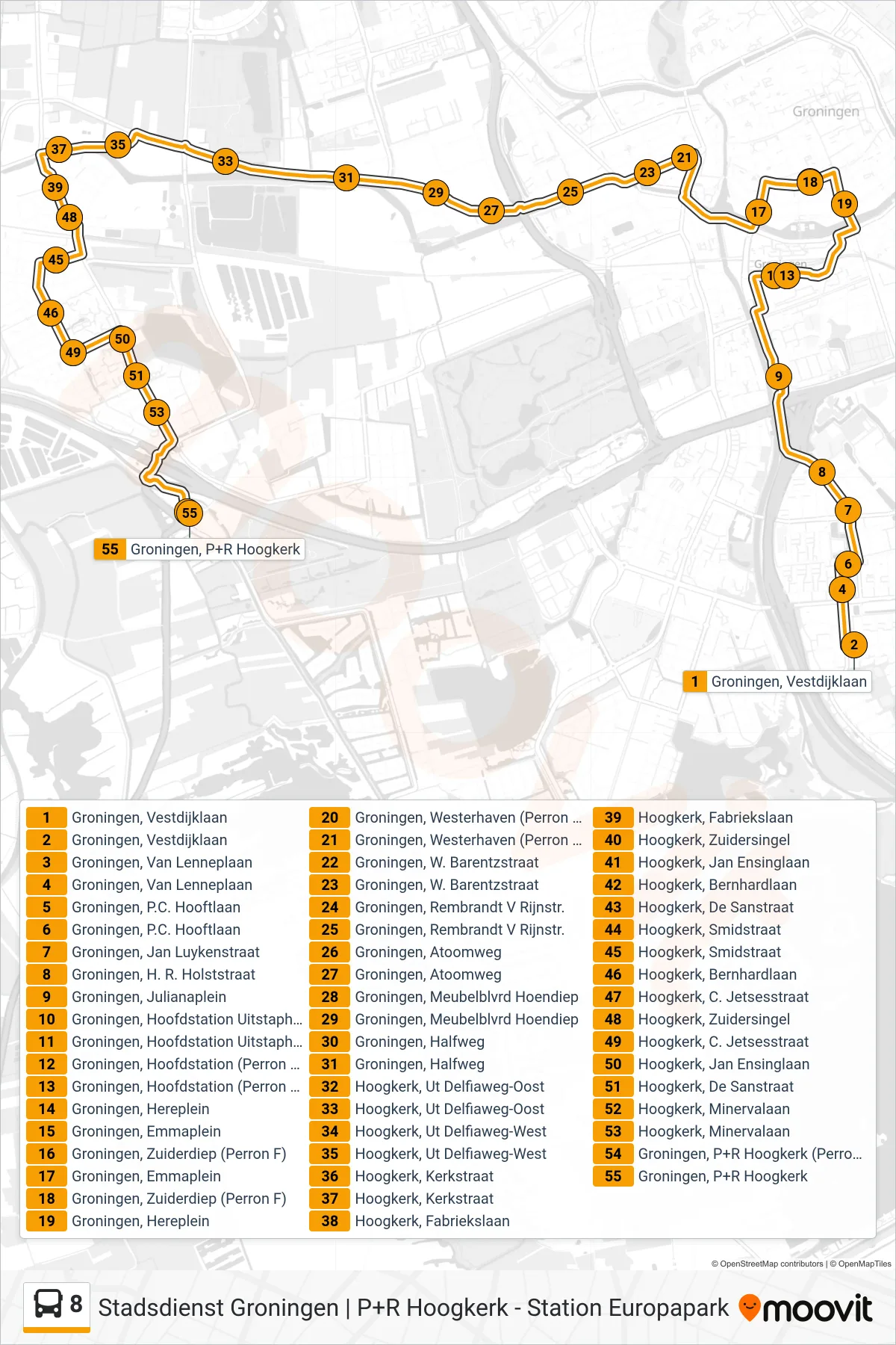 8 bus Line (Hoogkerk Dorp) route and stops on a map