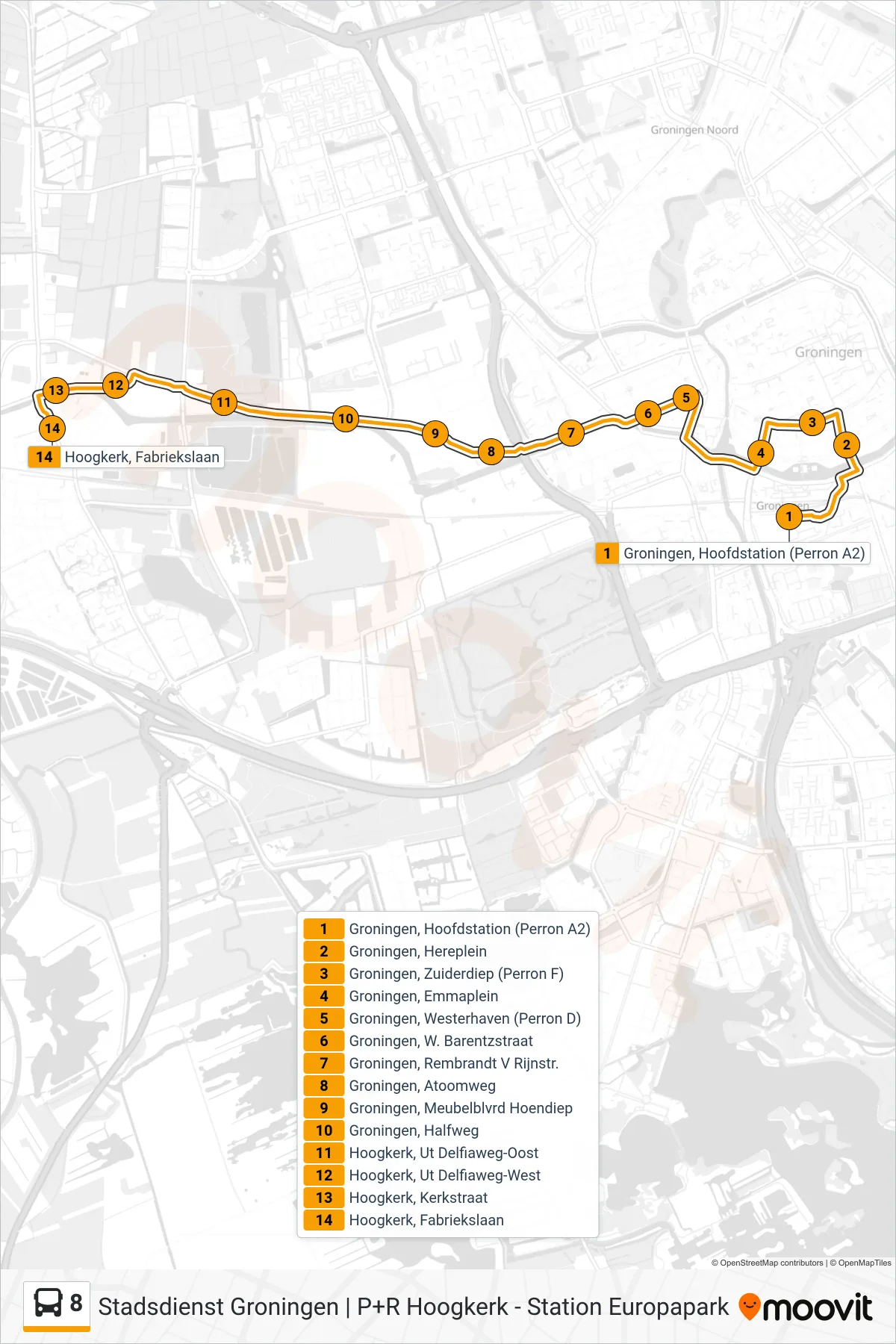 Lijn 8 (bus, Hoogkerk Kerk): route en haltes op de kaart